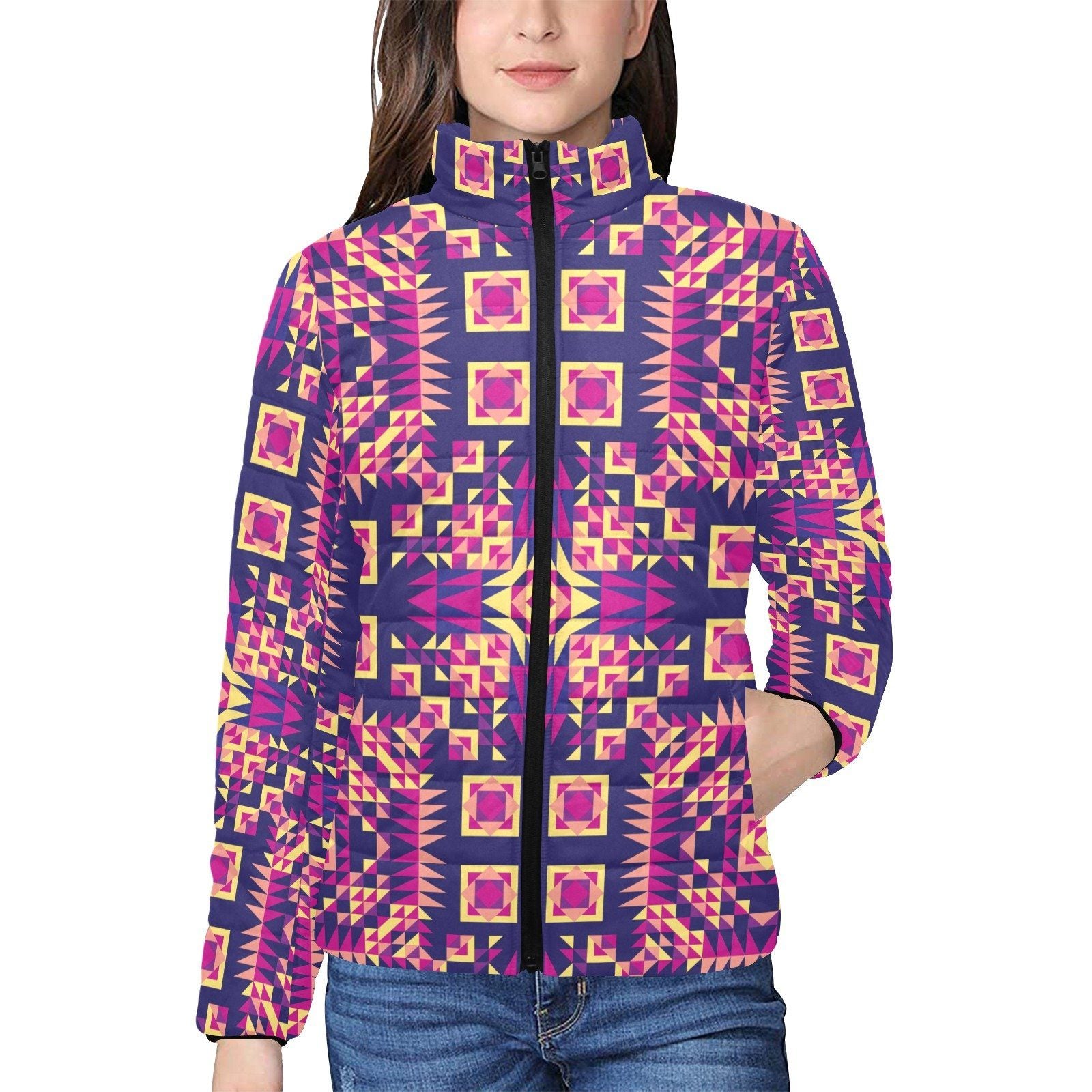 Kaleidoscope Bleu Women's Stand Collar Padded Jacket (Model H41) jacket e-joyer