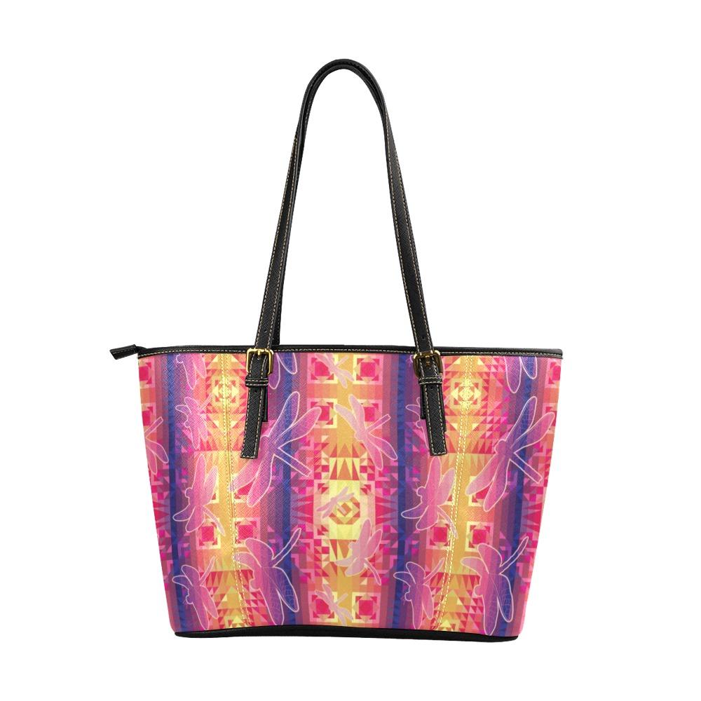 Kaleidoscope Dragonfly Leather Tote Bag/Large (Model 1640) Leather Tote Bag (1640) e-joyer