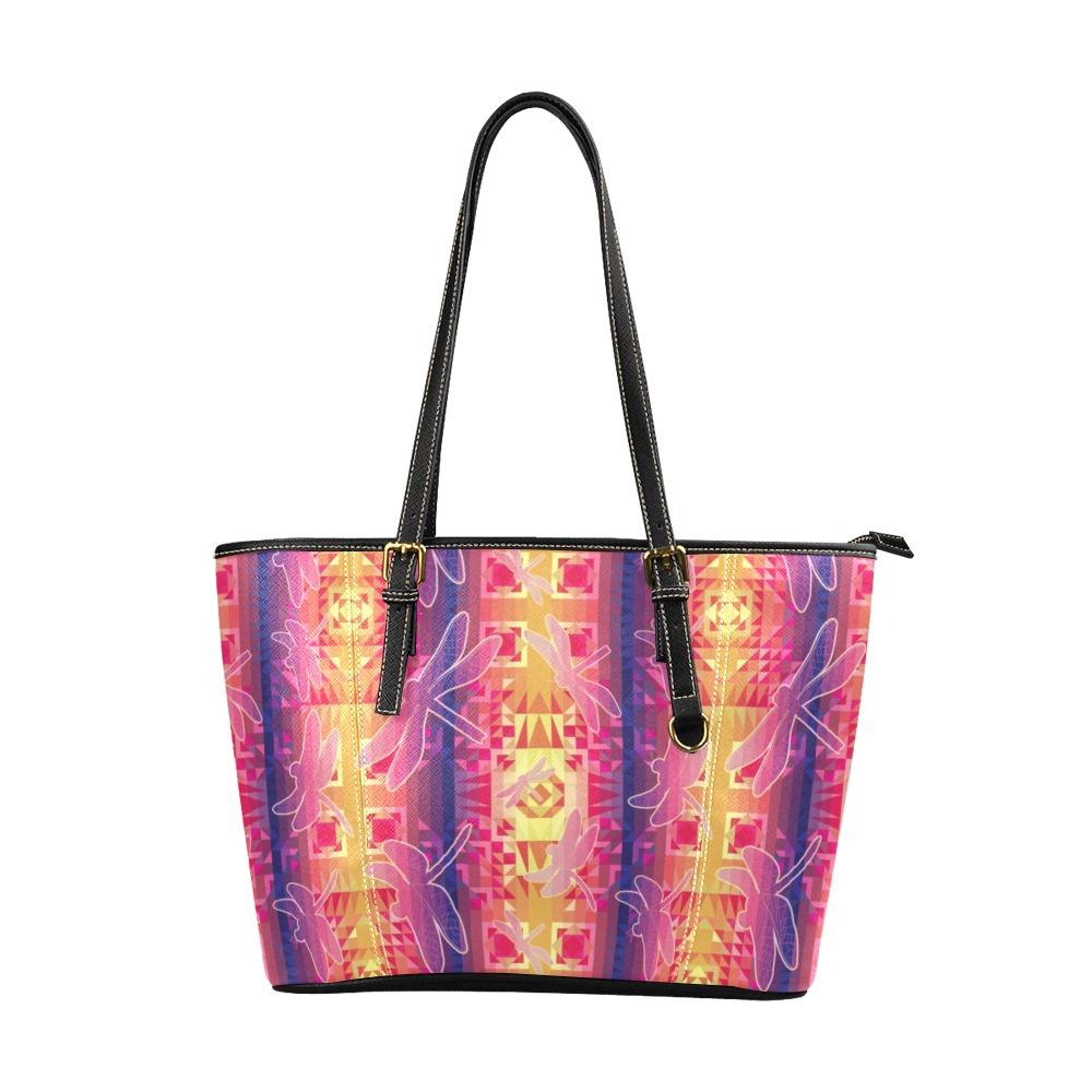 Kaleidoscope Dragonfly Leather Tote Bag/Large (Model 1640) Leather Tote Bag (1640) e-joyer