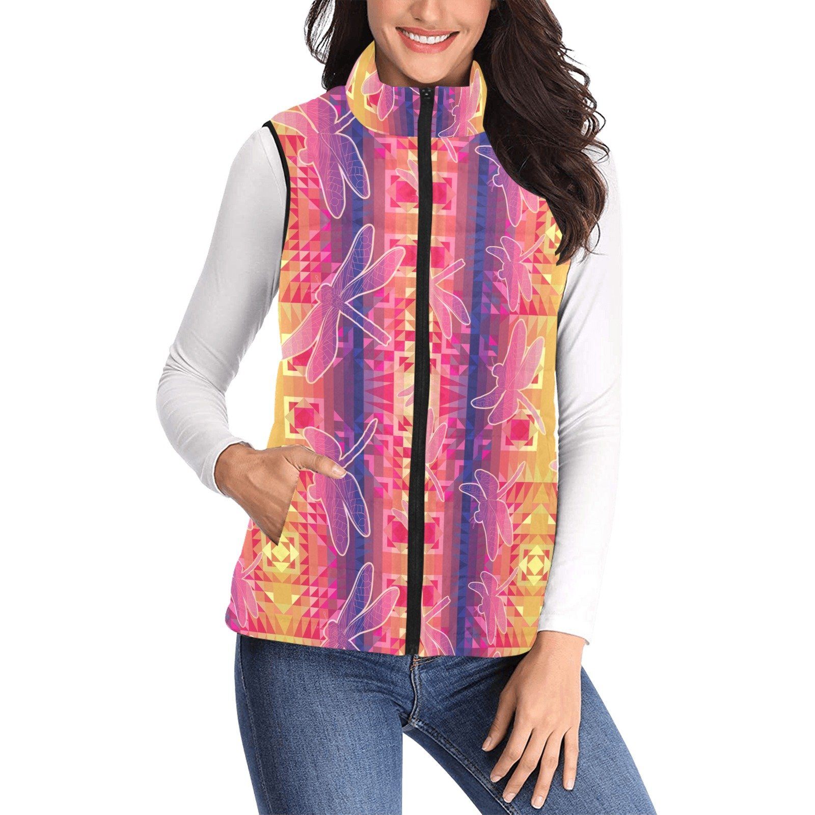Kaleidoscope Dragonfly Women's Padded Vest Jacket (Model H44) Women's Padded Vest Jacket (H44) e-joyer
