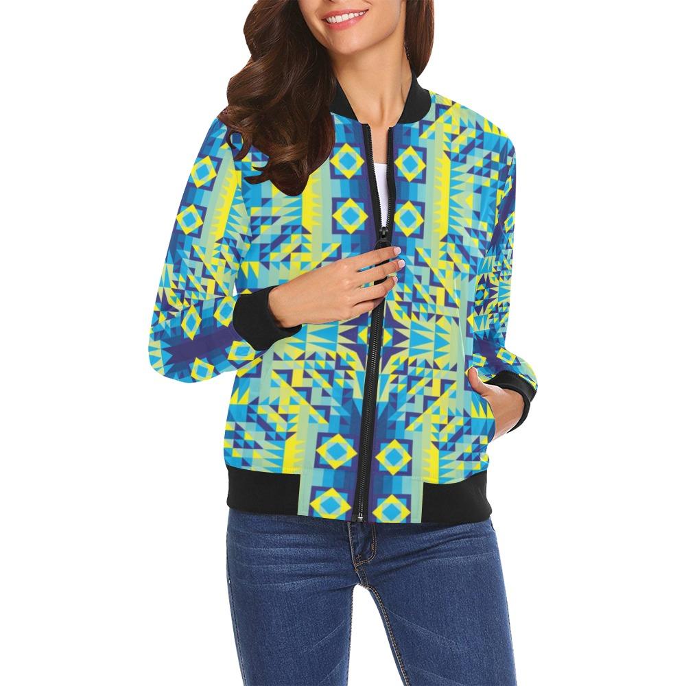 Kaleidoscope Jaune Bleu All Over Print Bomber Jacket for Women (Model H19) Jacket e-joyer