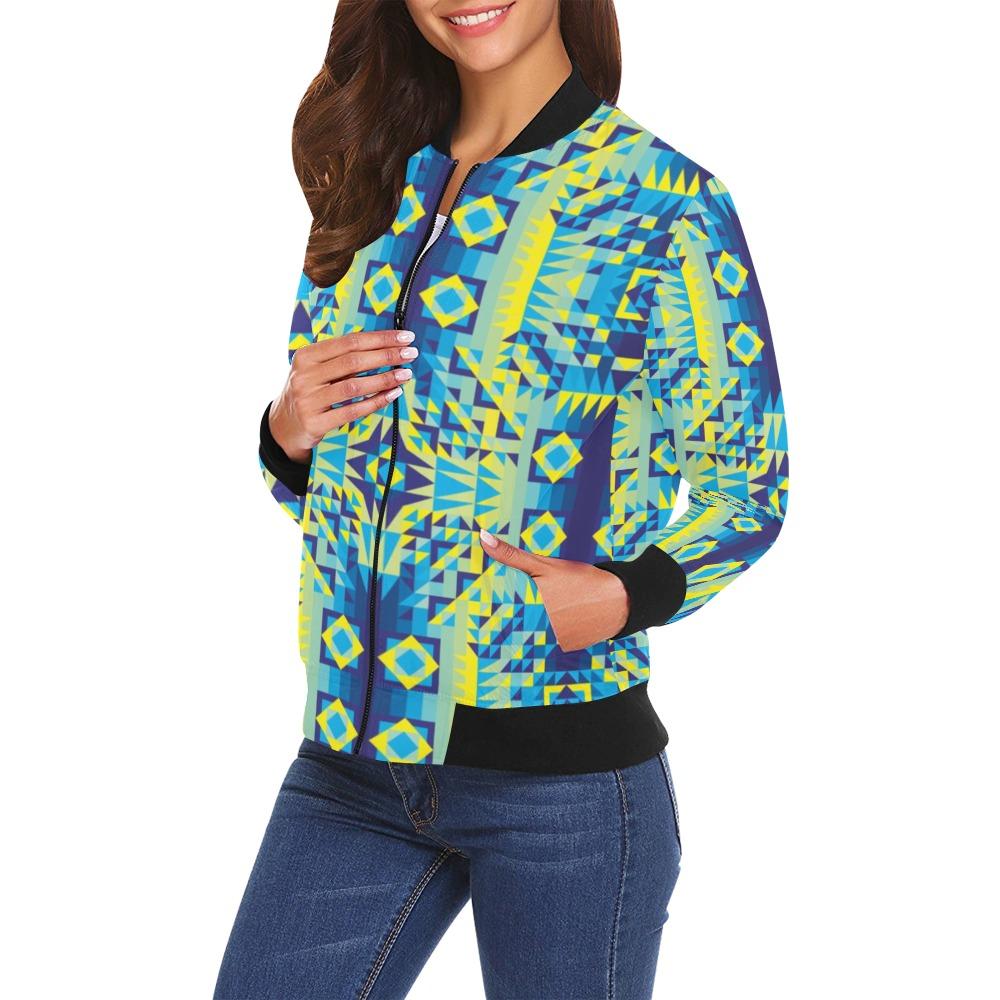 Kaleidoscope Jaune Bleu All Over Print Bomber Jacket for Women (Model H19) Jacket e-joyer