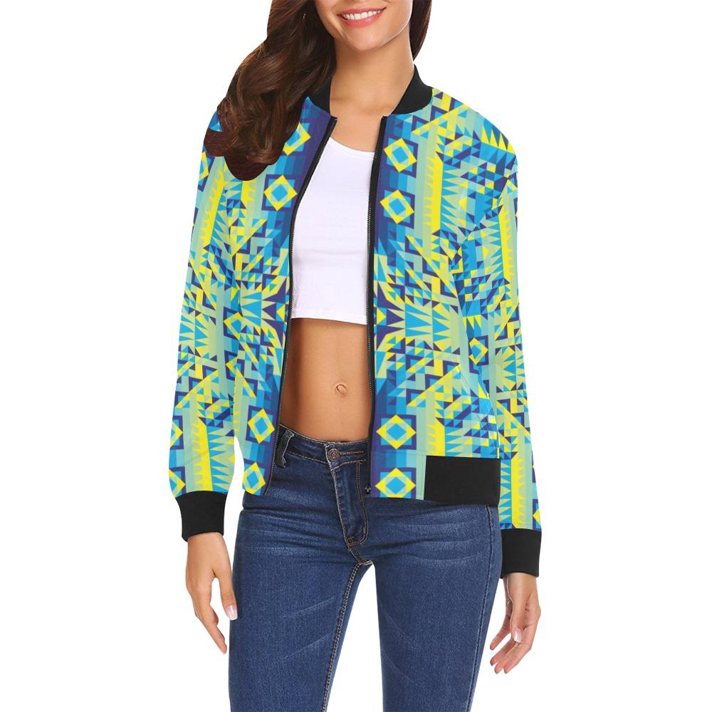 Kaleidoscope Jaune Bleu All Over Print Bomber Jacket for Women (Model H19) Jacket e-joyer