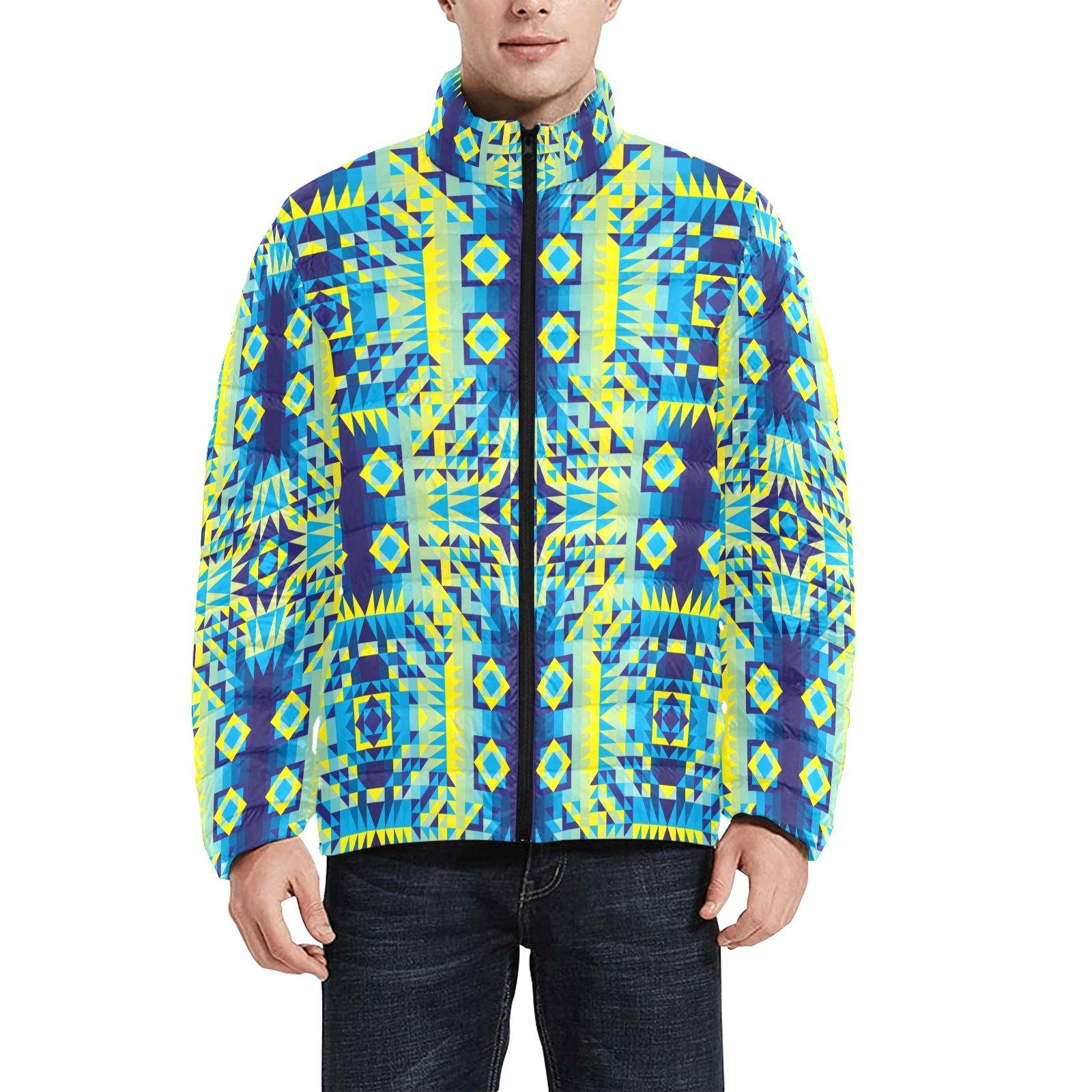 Kaleidoscope Jaune Bleu Men's Stand Collar Padded Jacket (Model H41) Men's Stand Collar Padded Jacket (H41) e-joyer