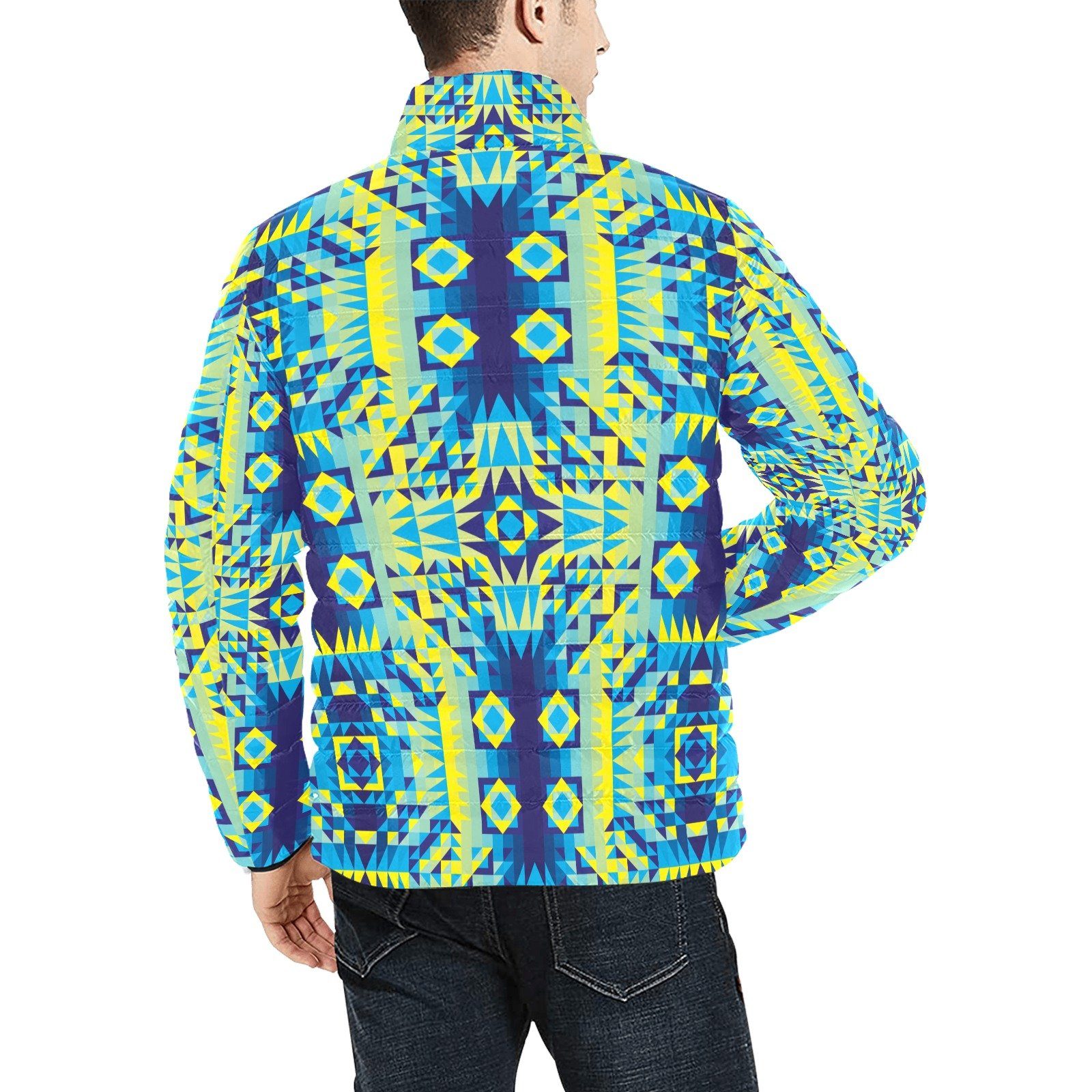 Kaleidoscope Jaune Bleu Men's Stand Collar Padded Jacket (Model H41) Men's Stand Collar Padded Jacket (H41) e-joyer