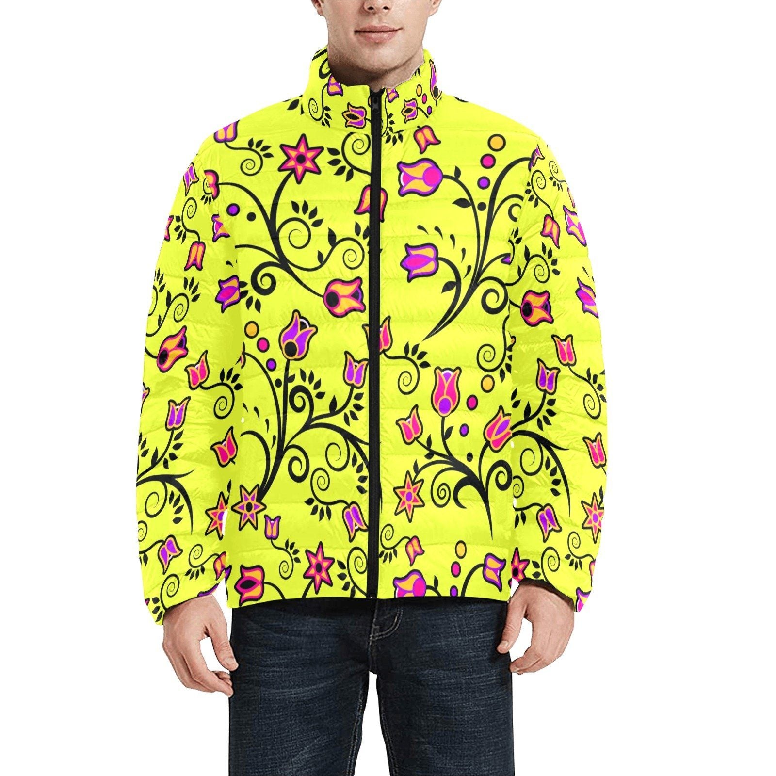 Key Lime Star Men's Stand Collar Padded Jacket (Model H41) Men's Stand Collar Padded Jacket (H41) e-joyer