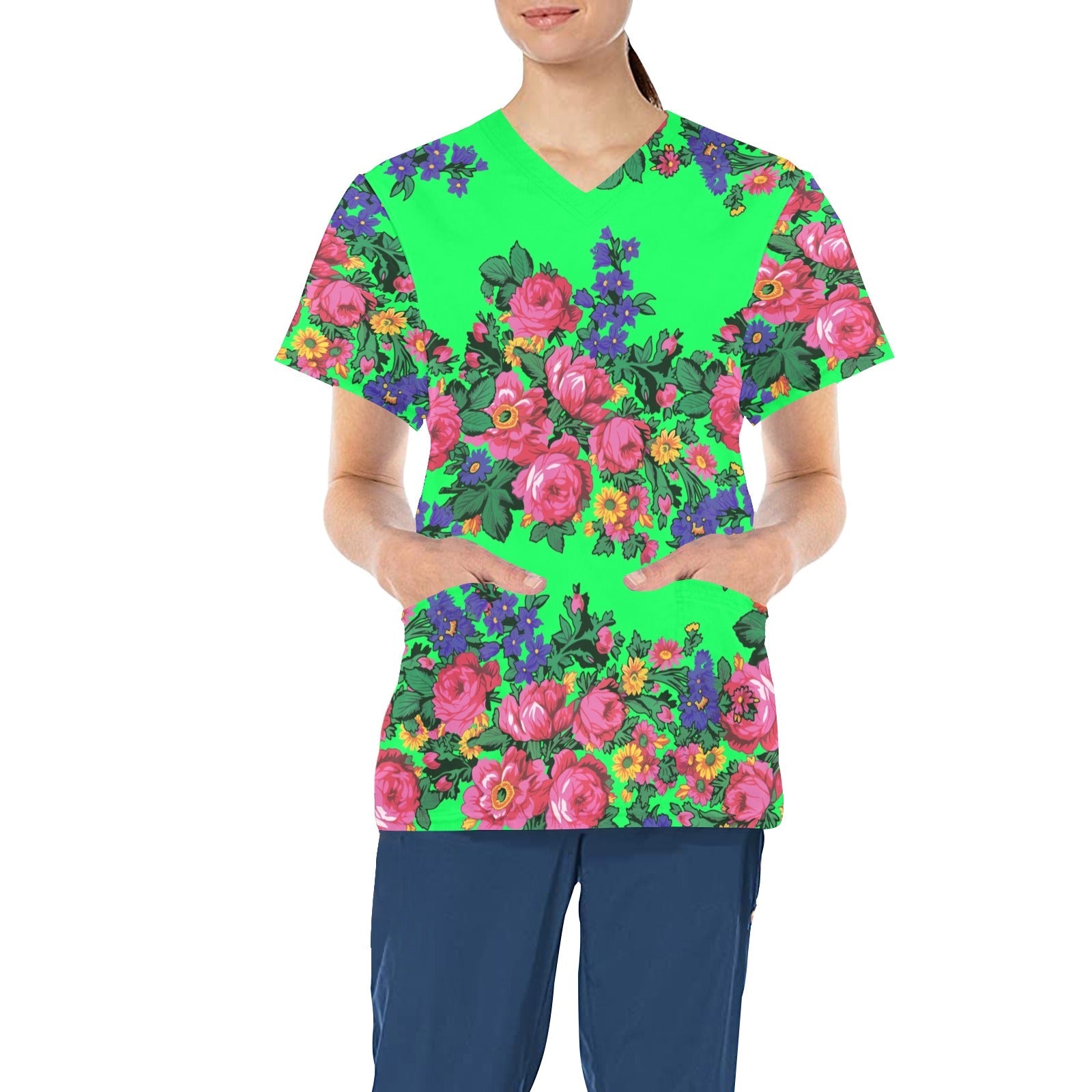 Kokum's Revenge Green All Over Print Scrub Top Scrub Top e-joyer