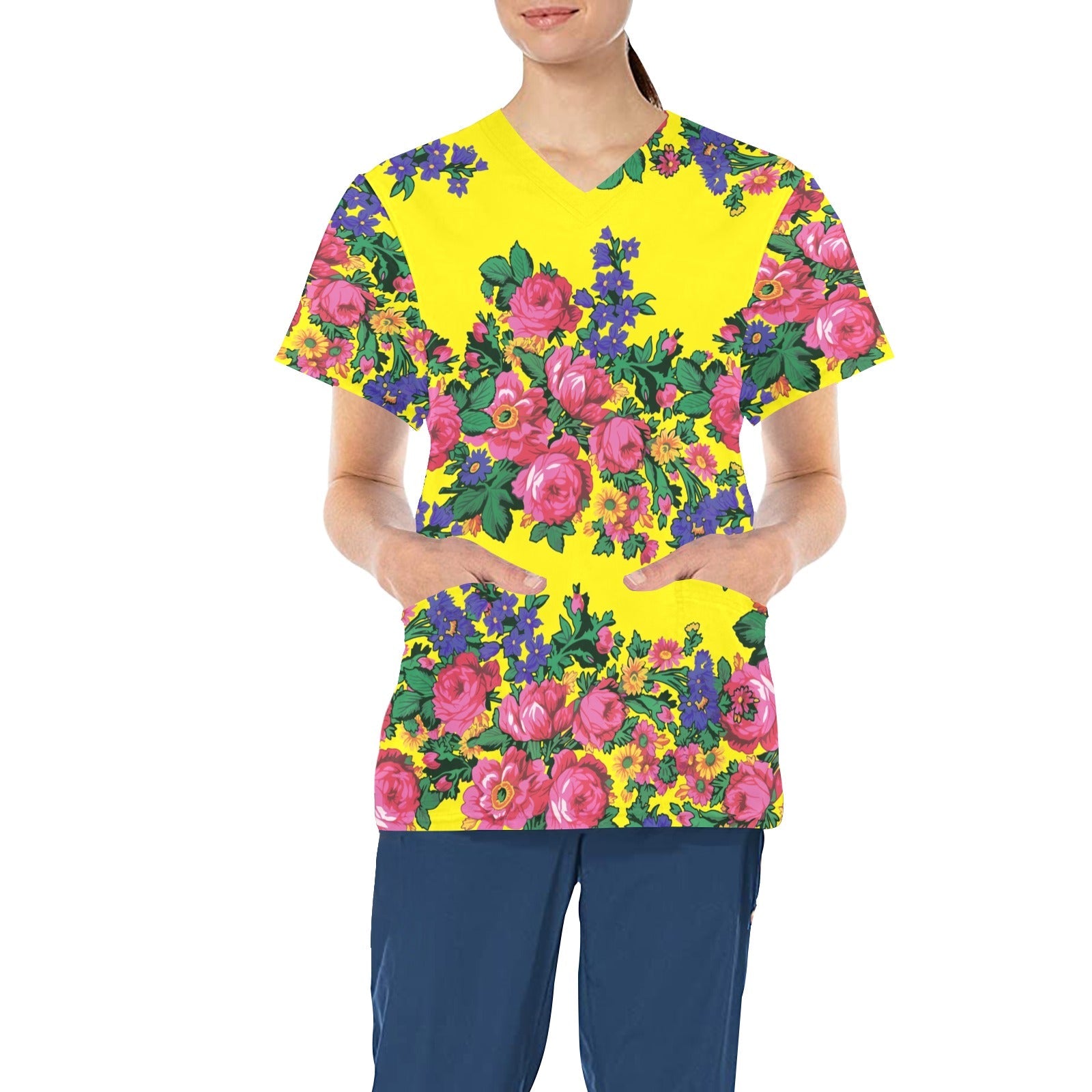 Kokum's Revenge Yellow All Over Print Scrub Top Scrub Top e-joyer