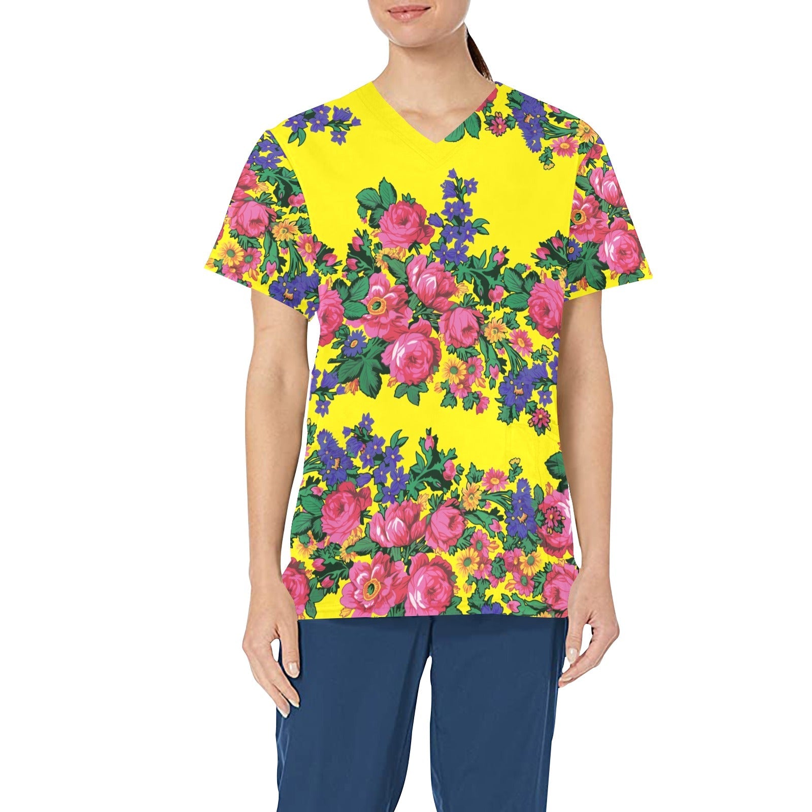 Kokum's Revenge Yellow All Over Print Scrub Top Scrub Top e-joyer