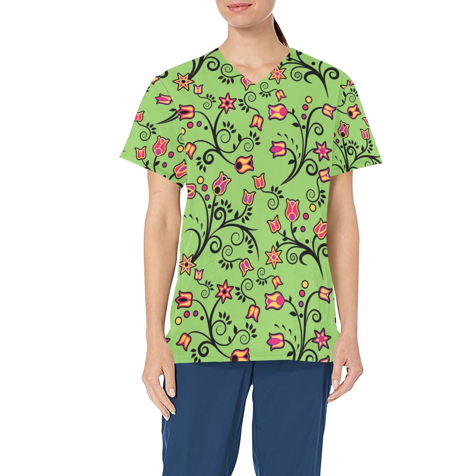 LightGreen Yellow Star All Over Print Scrub Top Scrub Top e-joyer