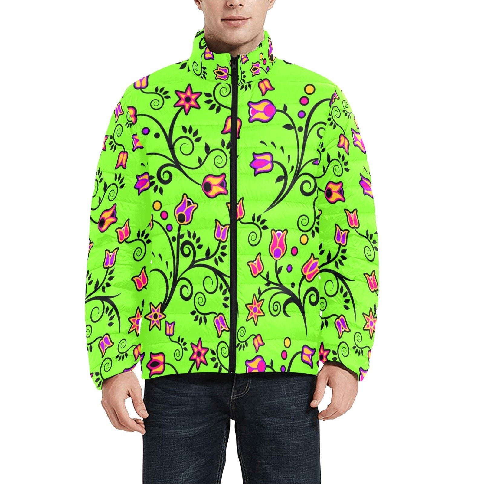 LightGreen Yellow Star Men's Stand Collar Padded Jacket (Model H41) Men's Stand Collar Padded Jacket (H41) e-joyer