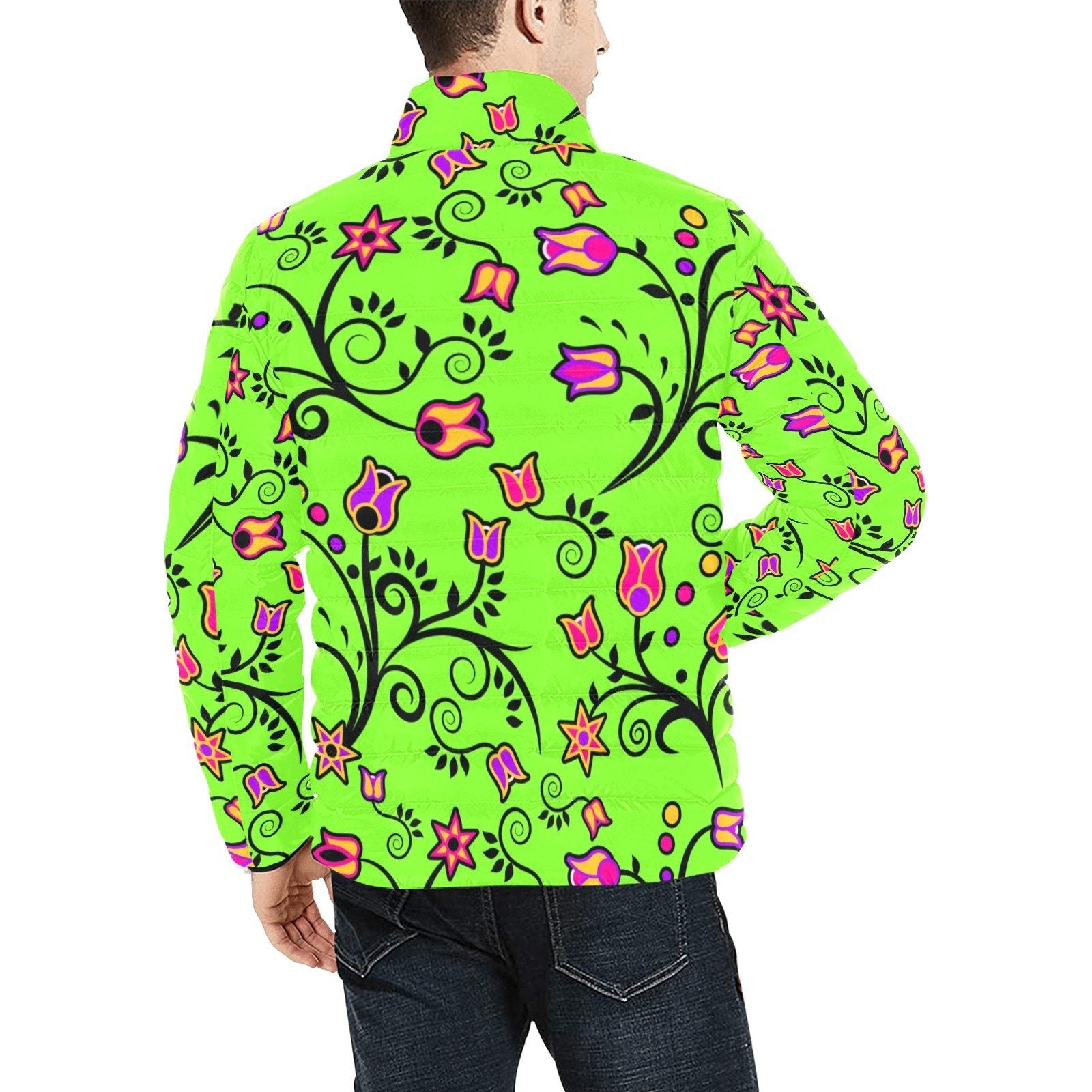 LightGreen Yellow Star Men's Stand Collar Padded Jacket (Model H41) Men's Stand Collar Padded Jacket (H41) e-joyer
