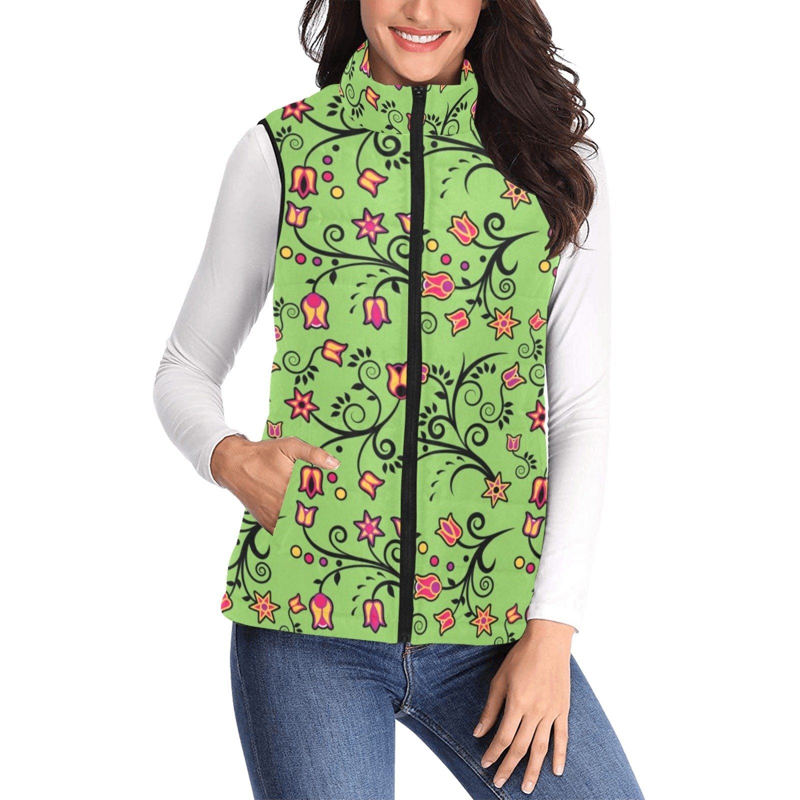 LightGreen Yellow Star Women's Padded Vest Jacket (Model H44) Women's Padded Vest Jacket (H44) e-joyer