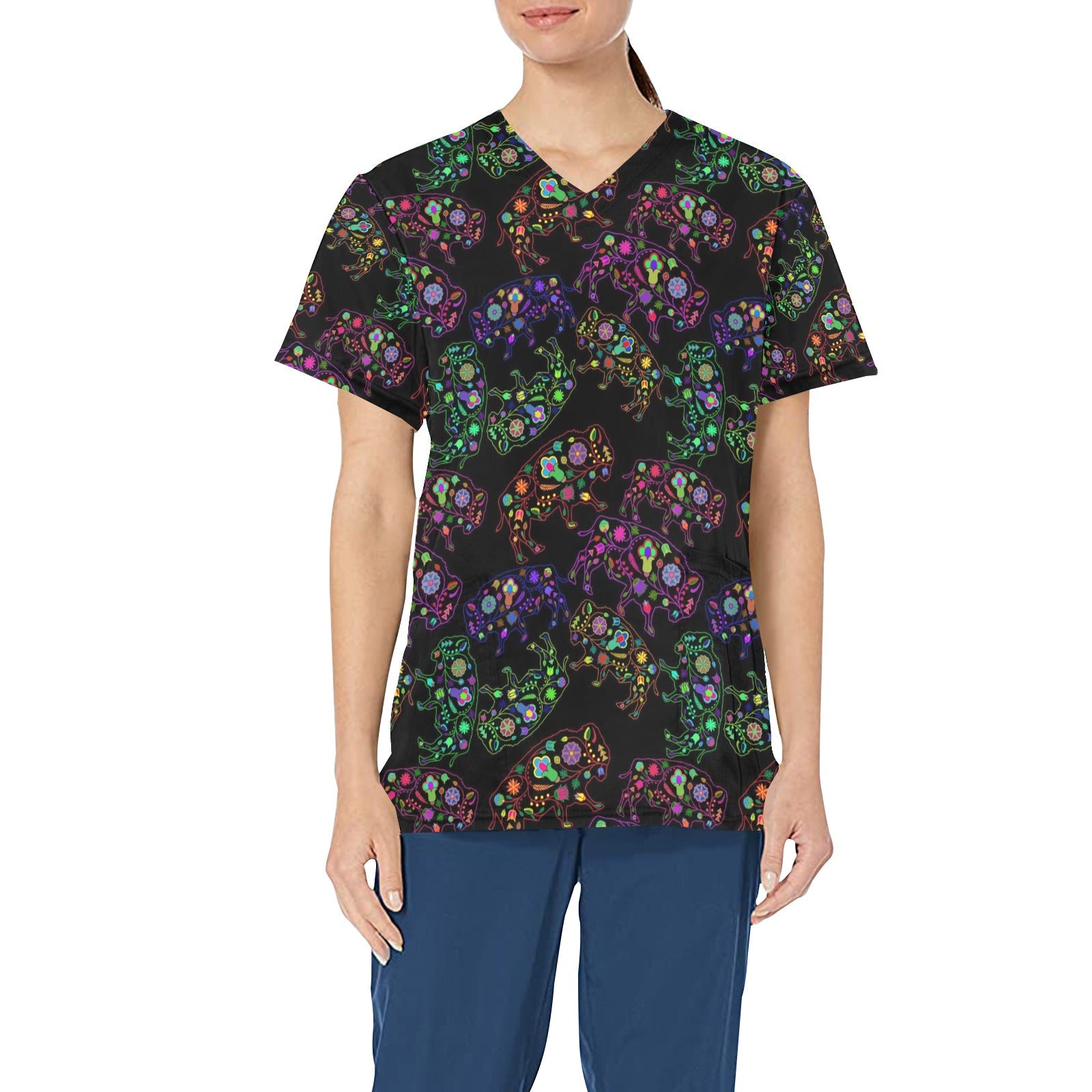 Neon Floral Buffalos All Over Print Scrub Top Scrub Top e-joyer