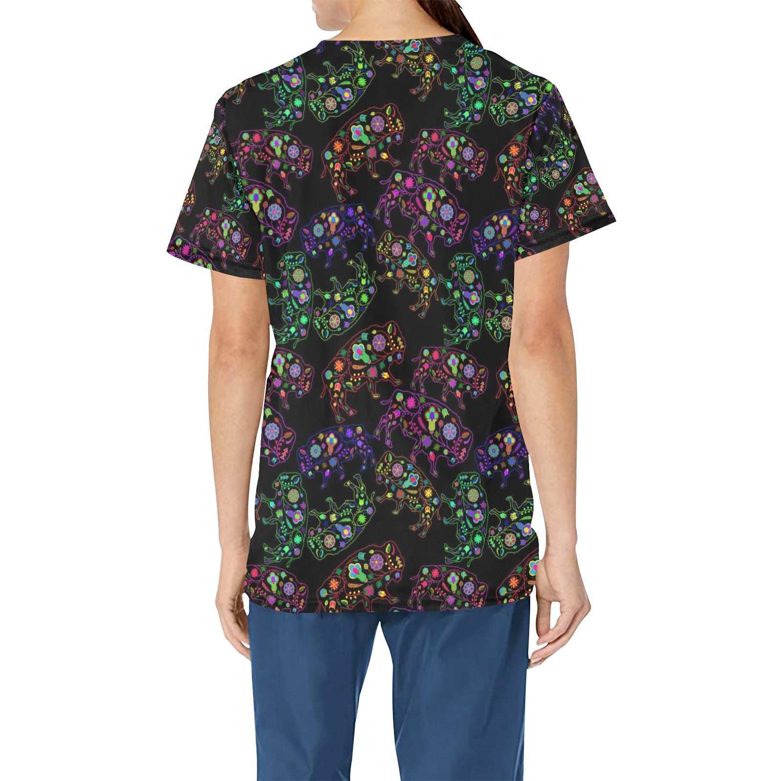 Neon Floral Buffalos All Over Print Scrub Top Scrub Top e-joyer