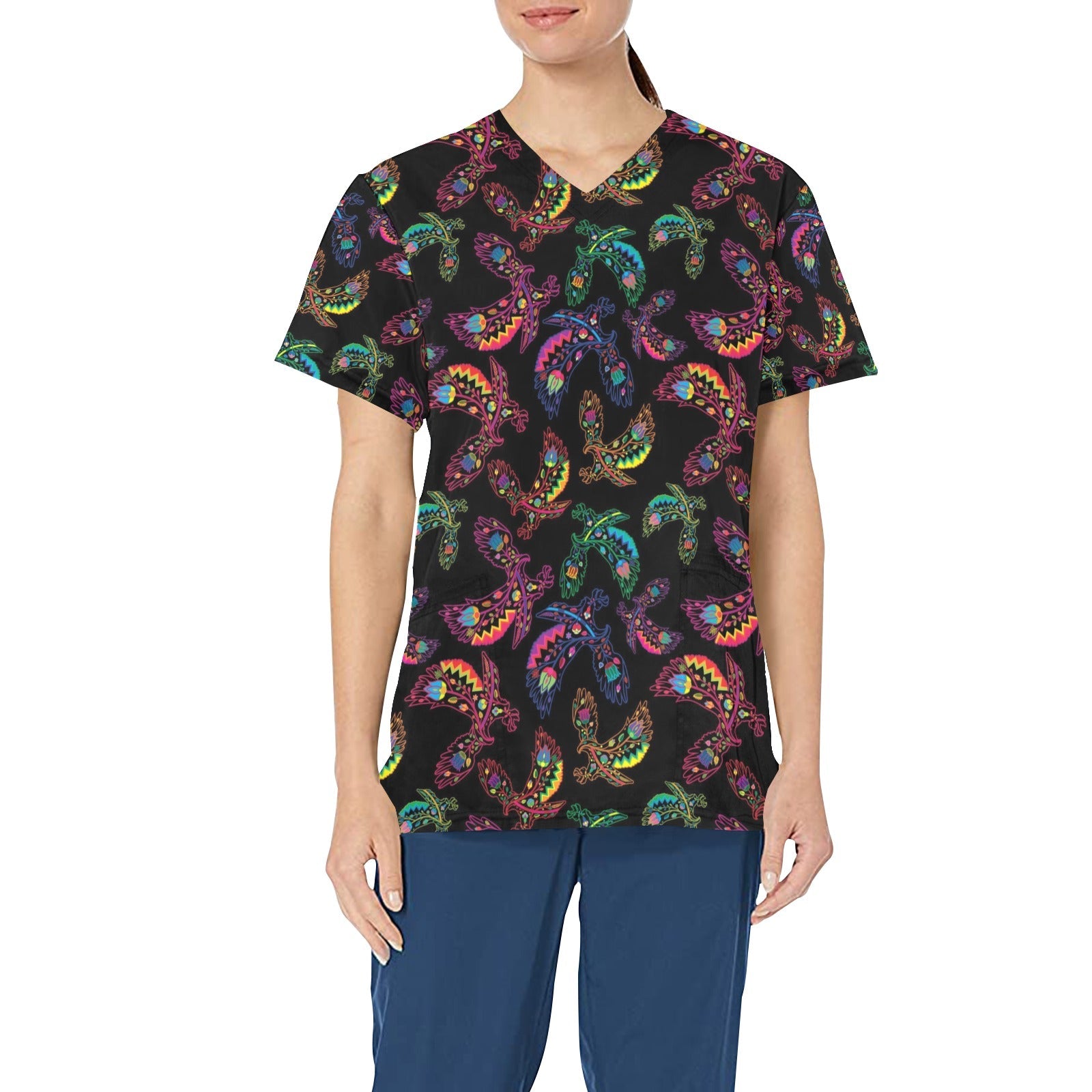 Neon Floral Eagles All Over Print Scrub Top Scrub Top e-joyer