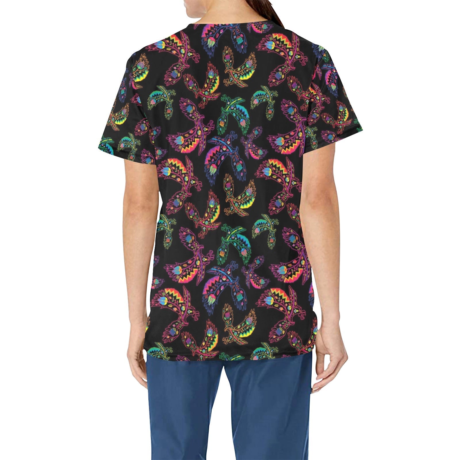 Neon Floral Eagles All Over Print Scrub Top Scrub Top e-joyer