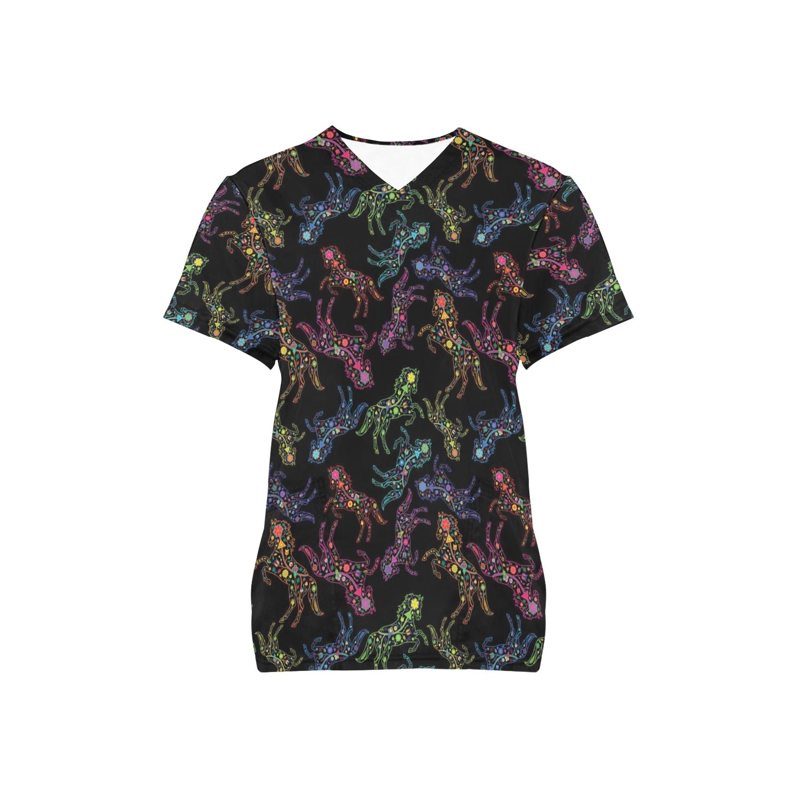 Neon Floral Horses All Over Print Scrub Top Scrub Top e-joyer