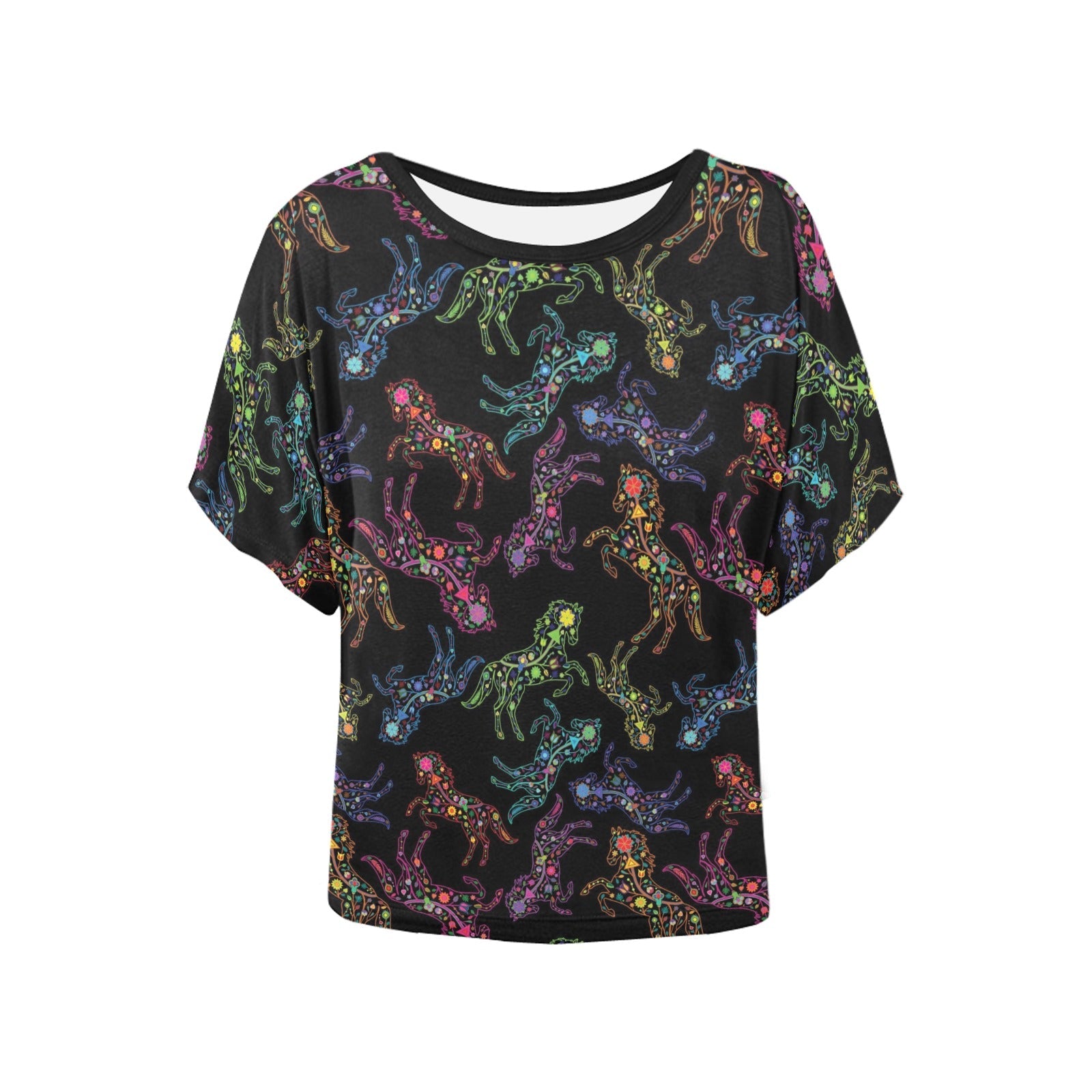 Neon Floral Horses Women's Batwing-Sleeved Blouse T shirt (Model T44) Women's Batwing-Sleeved Blouse T shirt (T44) e-joyer