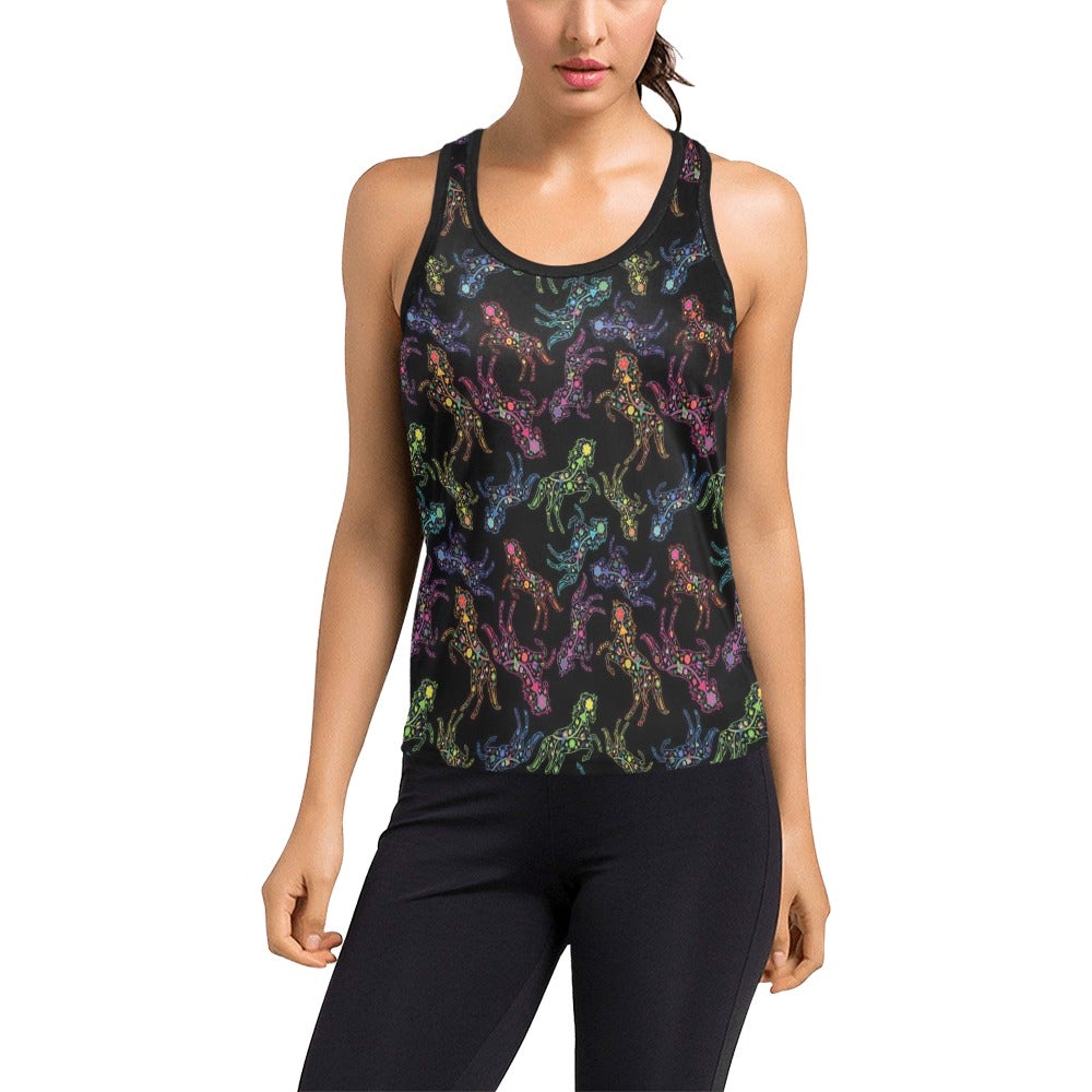 Neon Floral Horses Women's Racerback Tank Top (Model T60) Racerback Tank Top (T60) e-joyer