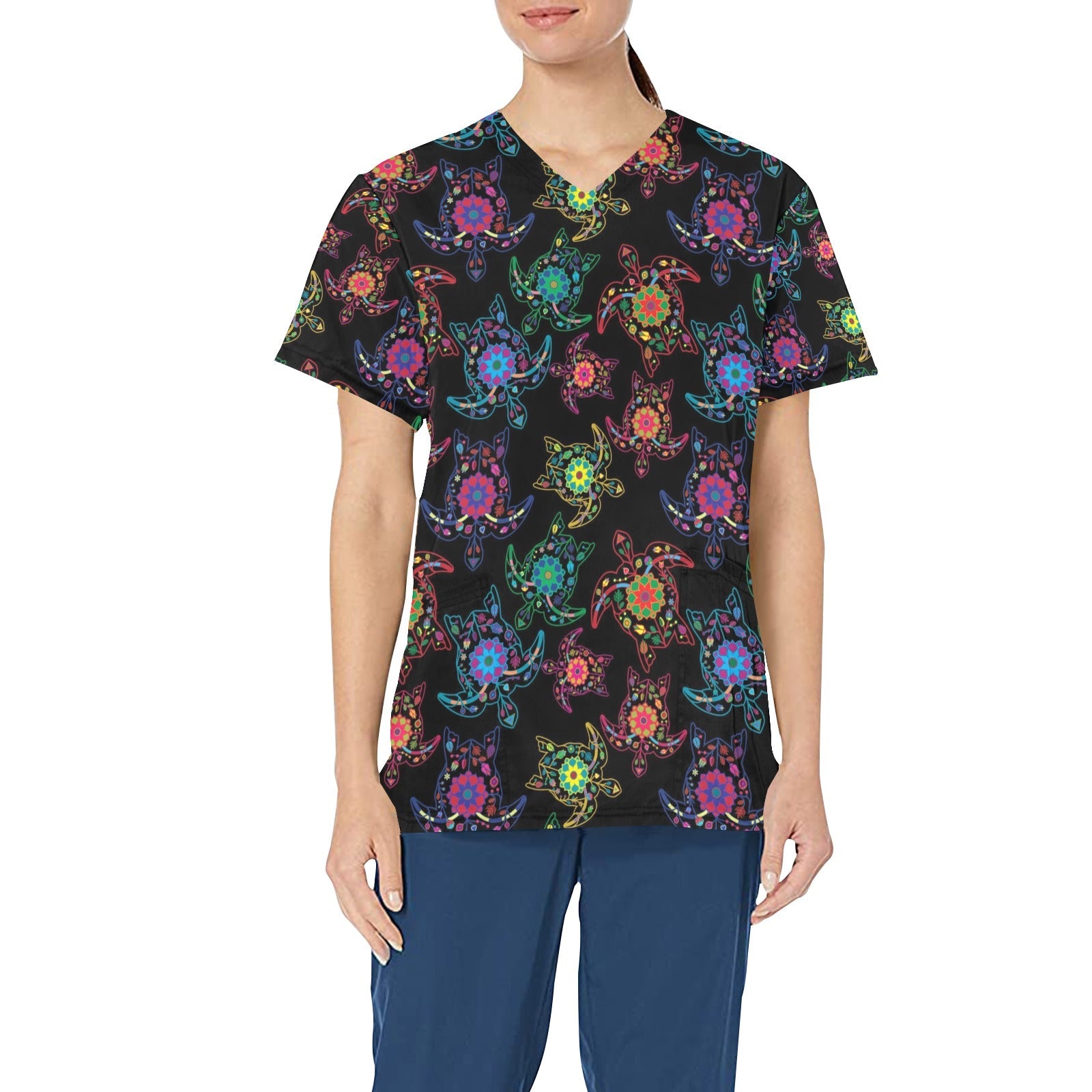 Neon Floral Turtle All Over Print Scrub Top Scrub Top e-joyer