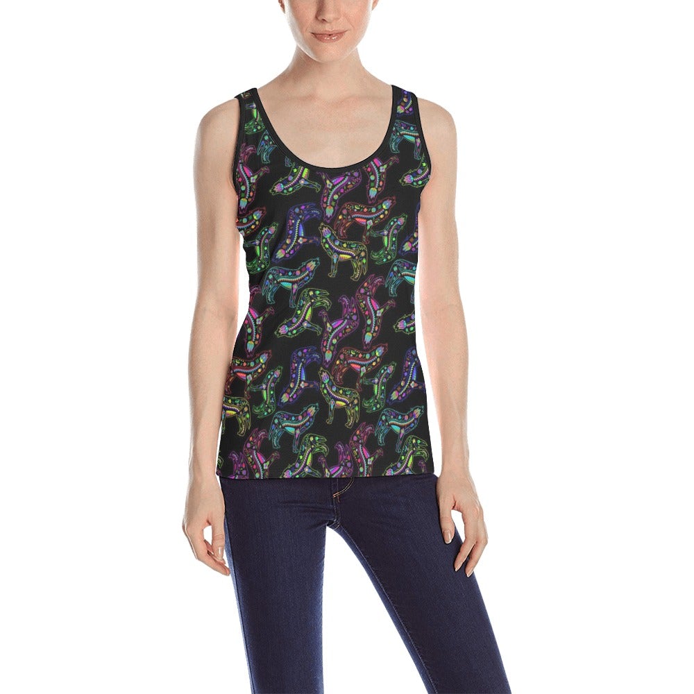 Neon Floral Wolves All Over Print Tank Top for Women (Model T43) All Over Print Tank Top for Women (T43) e-joyer