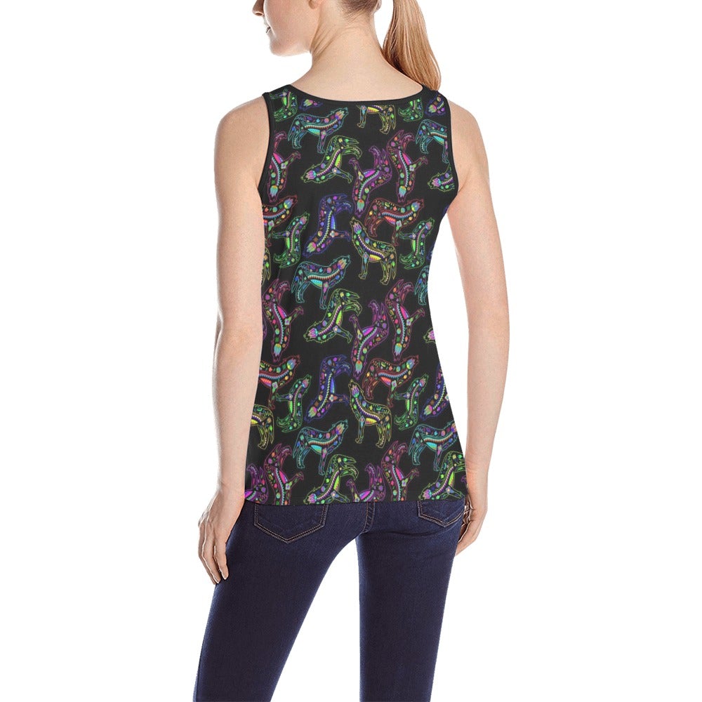 Neon Floral Wolves All Over Print Tank Top for Women (Model T43) All Over Print Tank Top for Women (T43) e-joyer