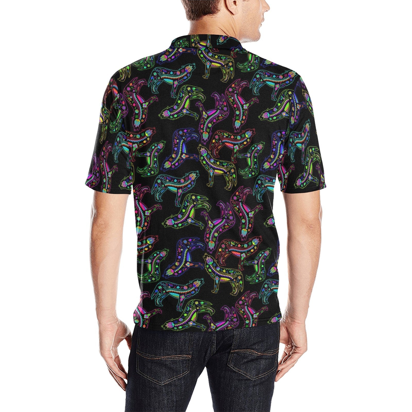 Neon Floral Wolves Men's All Over Print Polo Shirt (Model T55) Men's Polo Shirt (Model T55) e-joyer