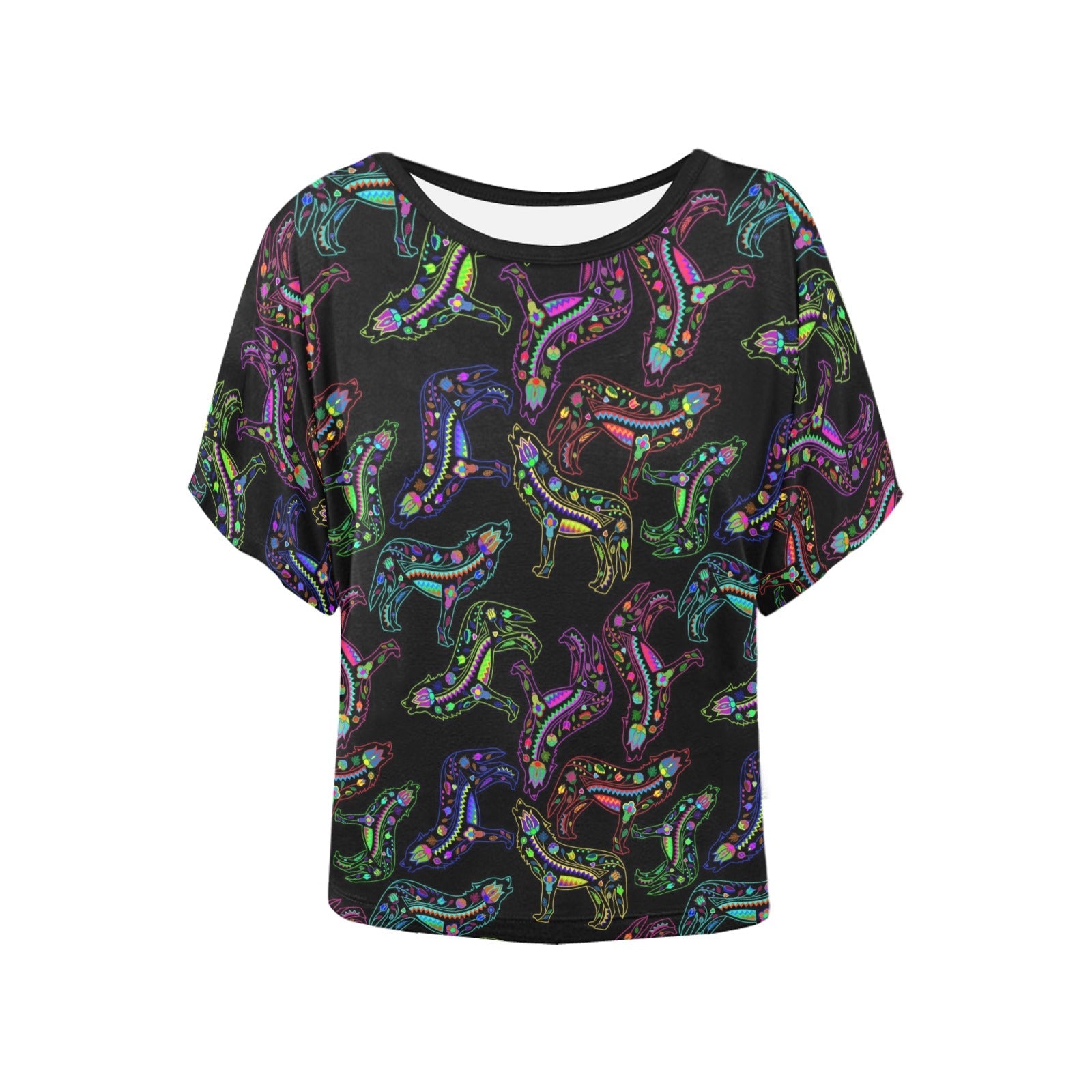 Neon Floral Wolves Women's Batwing-Sleeved Blouse T shirt (Model T44) Women's Batwing-Sleeved Blouse T shirt (T44) e-joyer