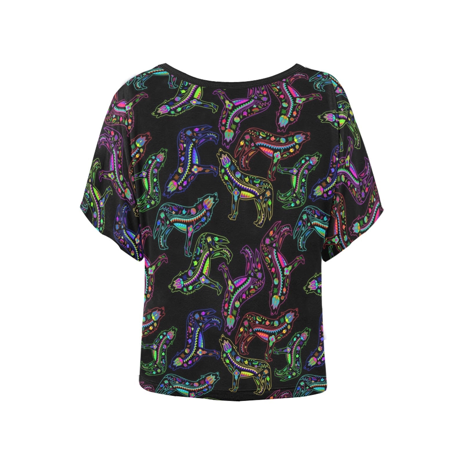 Neon Floral Wolves Women's Batwing-Sleeved Blouse T shirt (Model T44) Women's Batwing-Sleeved Blouse T shirt (T44) e-joyer