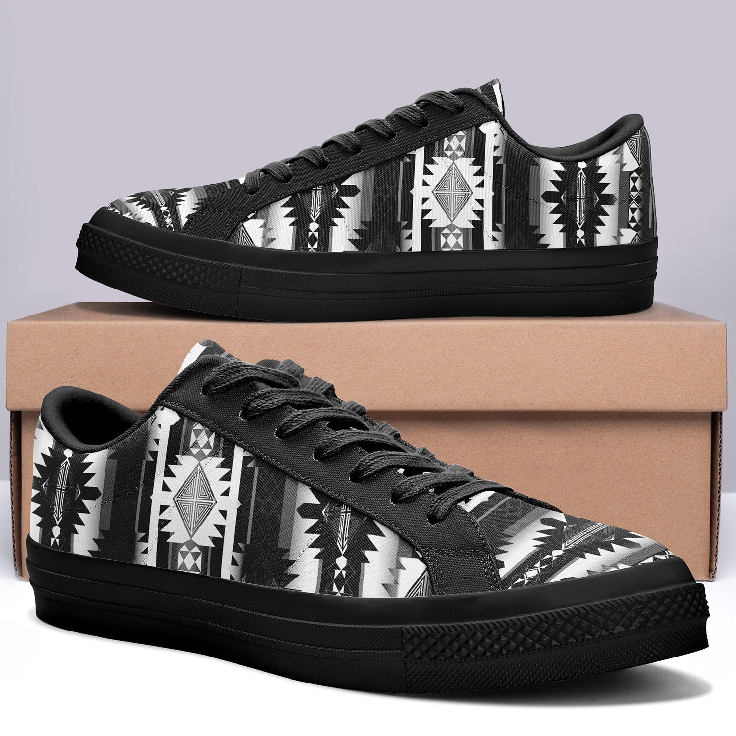 Okotoks Black and White Aapisi Low Top Canvas Shoes Black Sole 49 Dzine