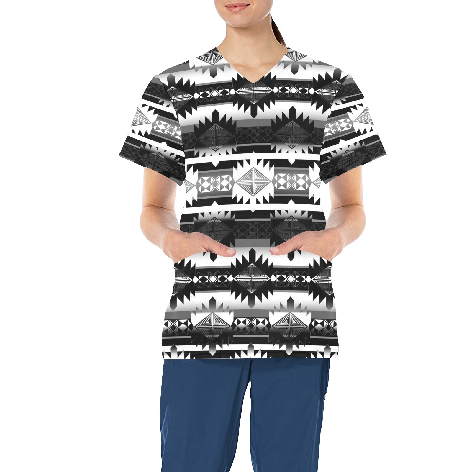 Okotoks Black and White All Over Print Scrub Top Scrub Top e-joyer