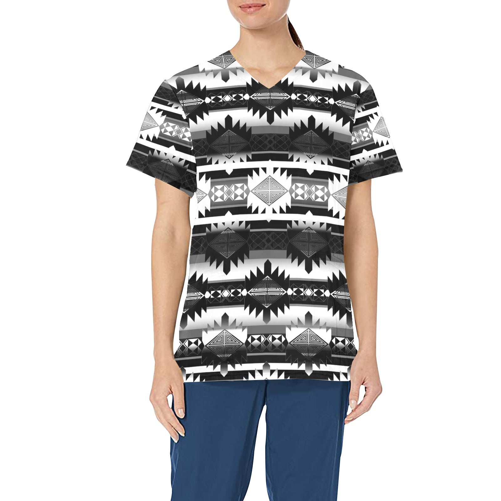 Okotoks Black and White All Over Print Scrub Top Scrub Top e-joyer