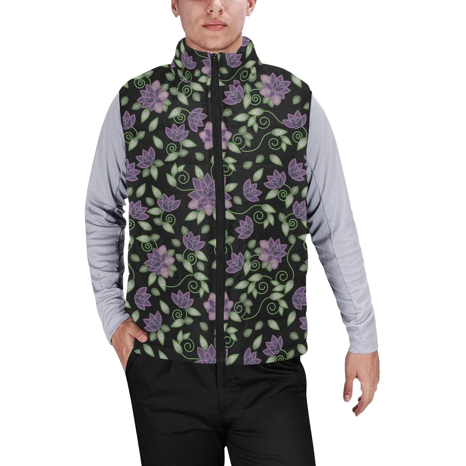 Purple Beaded Rose Men's Padded Vest Jacket (Model H44) Men's Padded Vest Jacket (H44) e-joyer