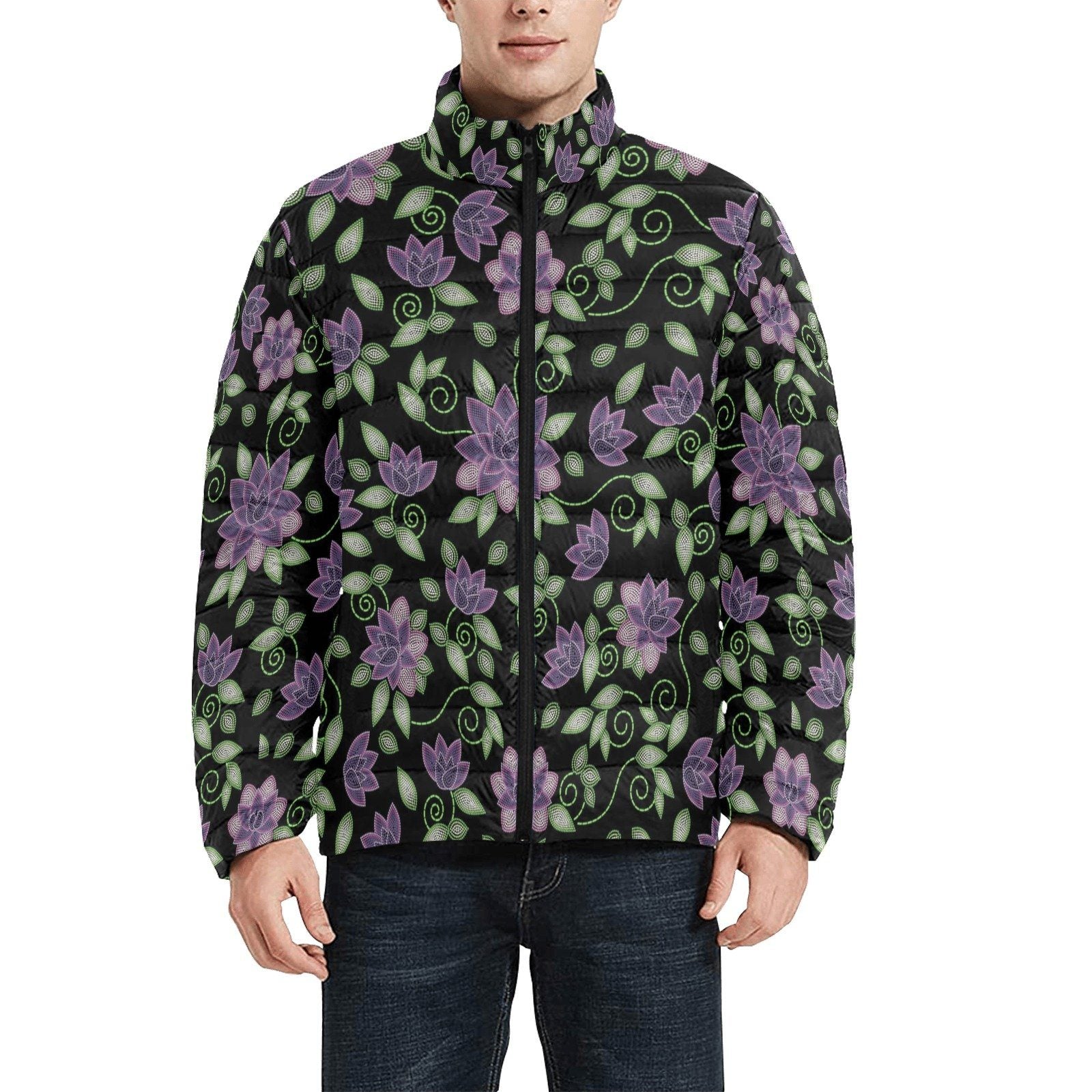 Purple Beaded Rose Men's Stand Collar Padded Jacket (Model H41) Men's Stand Collar Padded Jacket (H41) e-joyer
