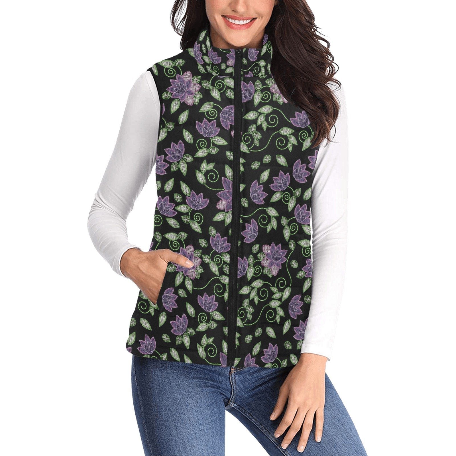 Purple Beaded Rose Women's Padded Vest Jacket (Model H44) Women's Padded Vest Jacket (H44) e-joyer