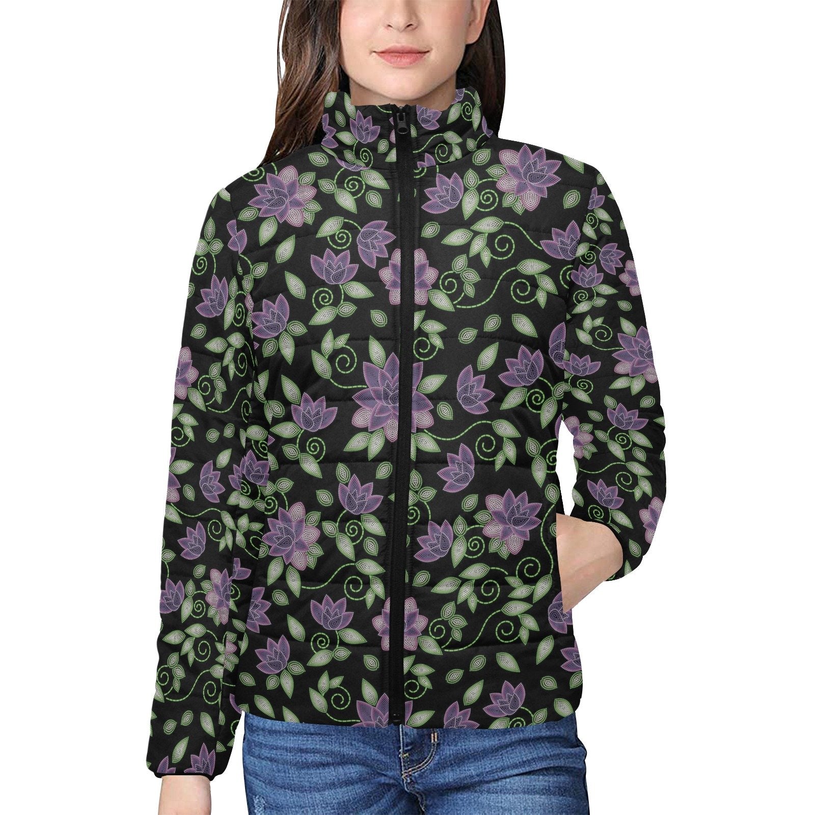 Purple Beaded Rose Women's Stand Collar Padded Jacket (Model H41) jacket e-joyer
