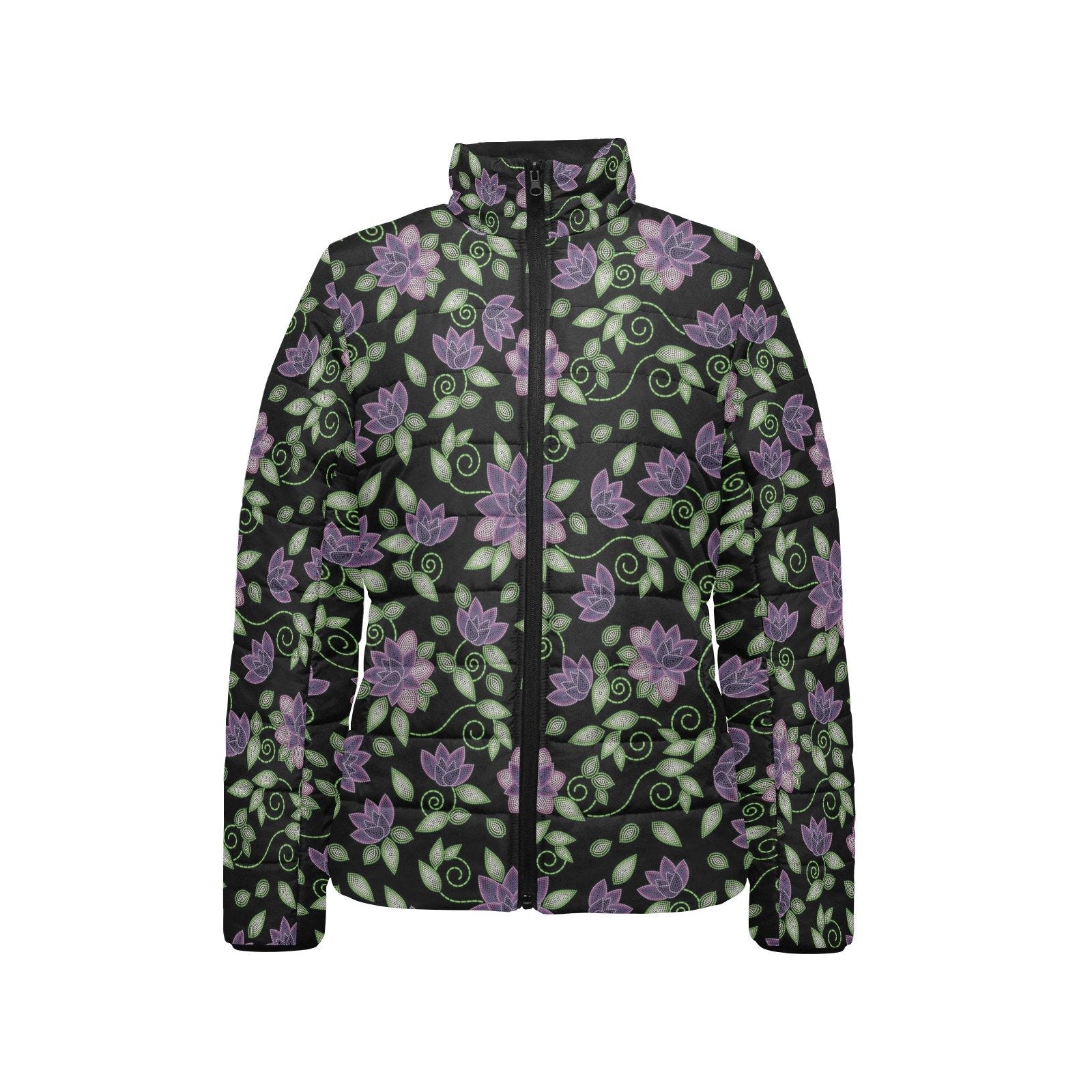 Purple Beaded Rose Women's Stand Collar Padded Jacket (Model H41) jacket e-joyer