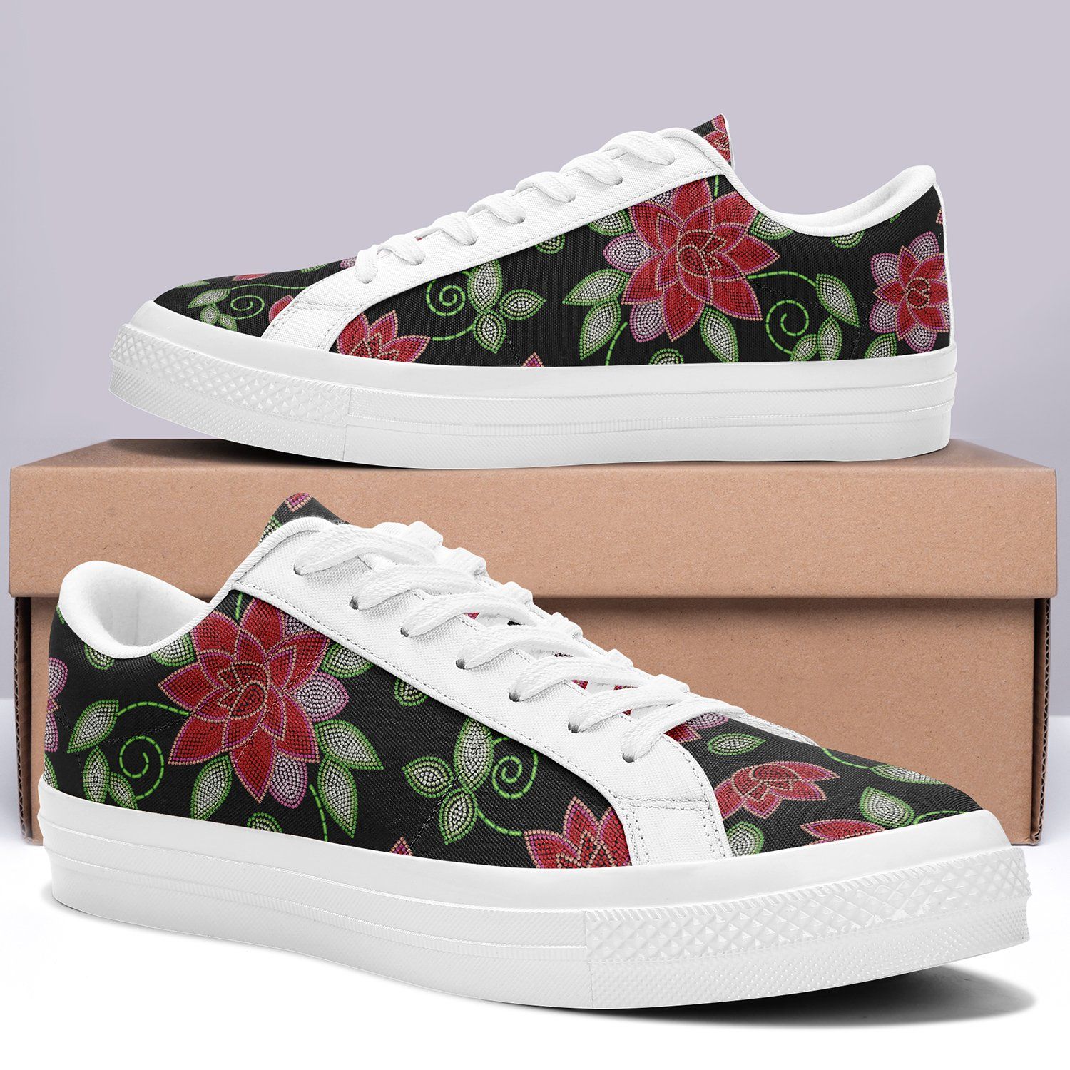Red Beaded Rose Aapisi Low Top Canvas Shoes White Sole aapisi Herman