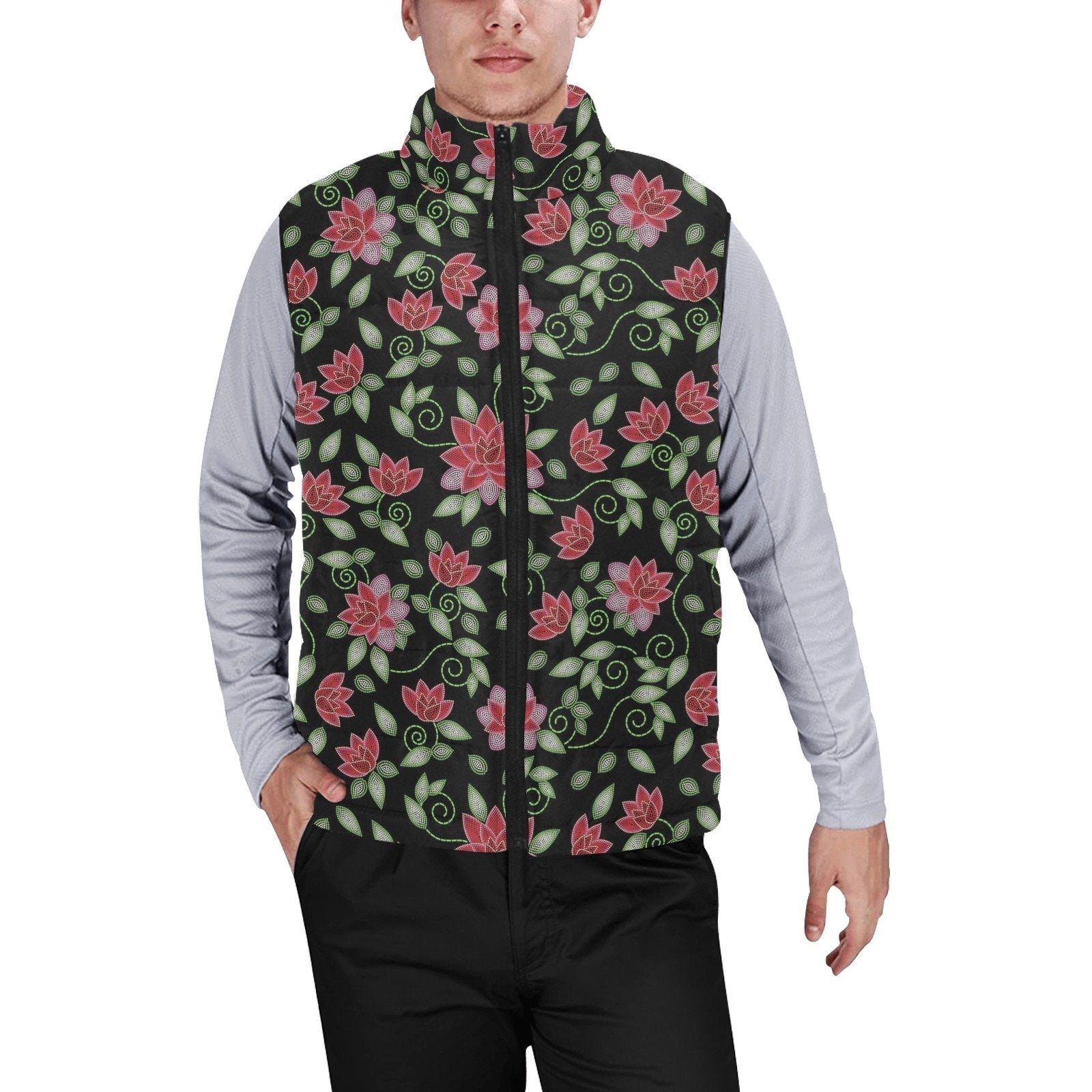 Red Beaded Rose Men's Padded Vest Jacket (Model H44) Men's Padded Vest Jacket (H44) e-joyer
