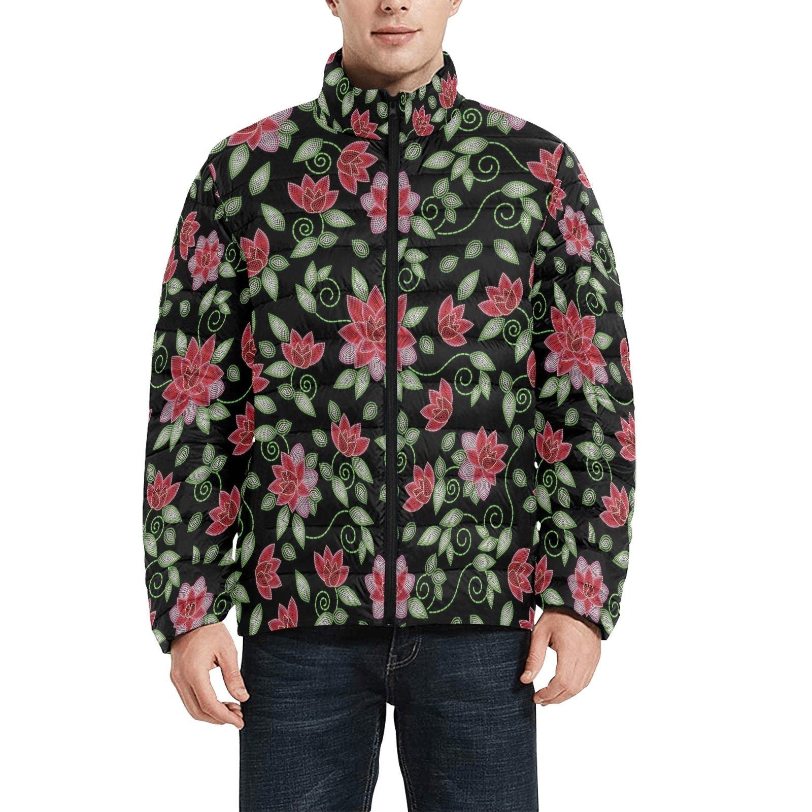 Red Beaded Rose Men's Stand Collar Padded Jacket (Model H41) Men's Stand Collar Padded Jacket (H41) e-joyer