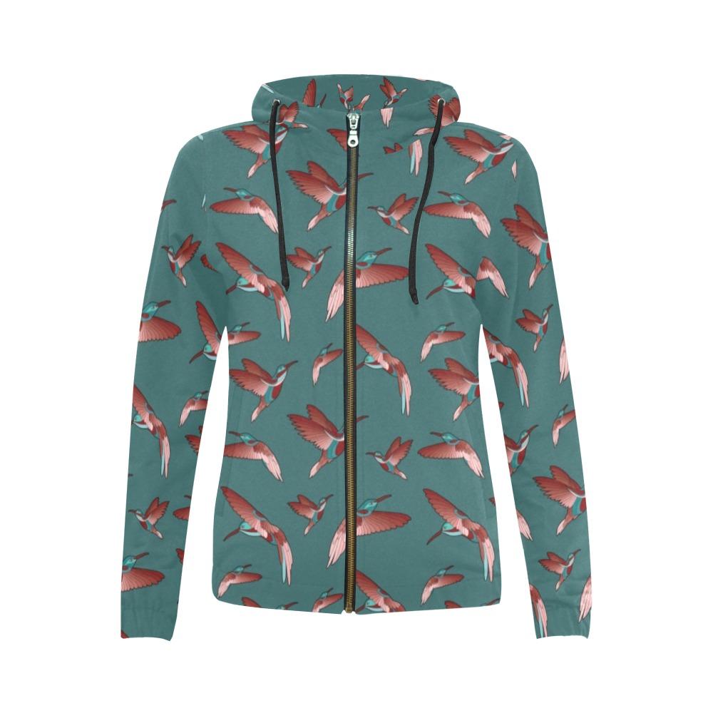 Red Swift Turquoise All Over Print Full Zip Hoodie for Women (Model H14) All Over Print Full Zip Hoodie for Women (H14) e-joyer