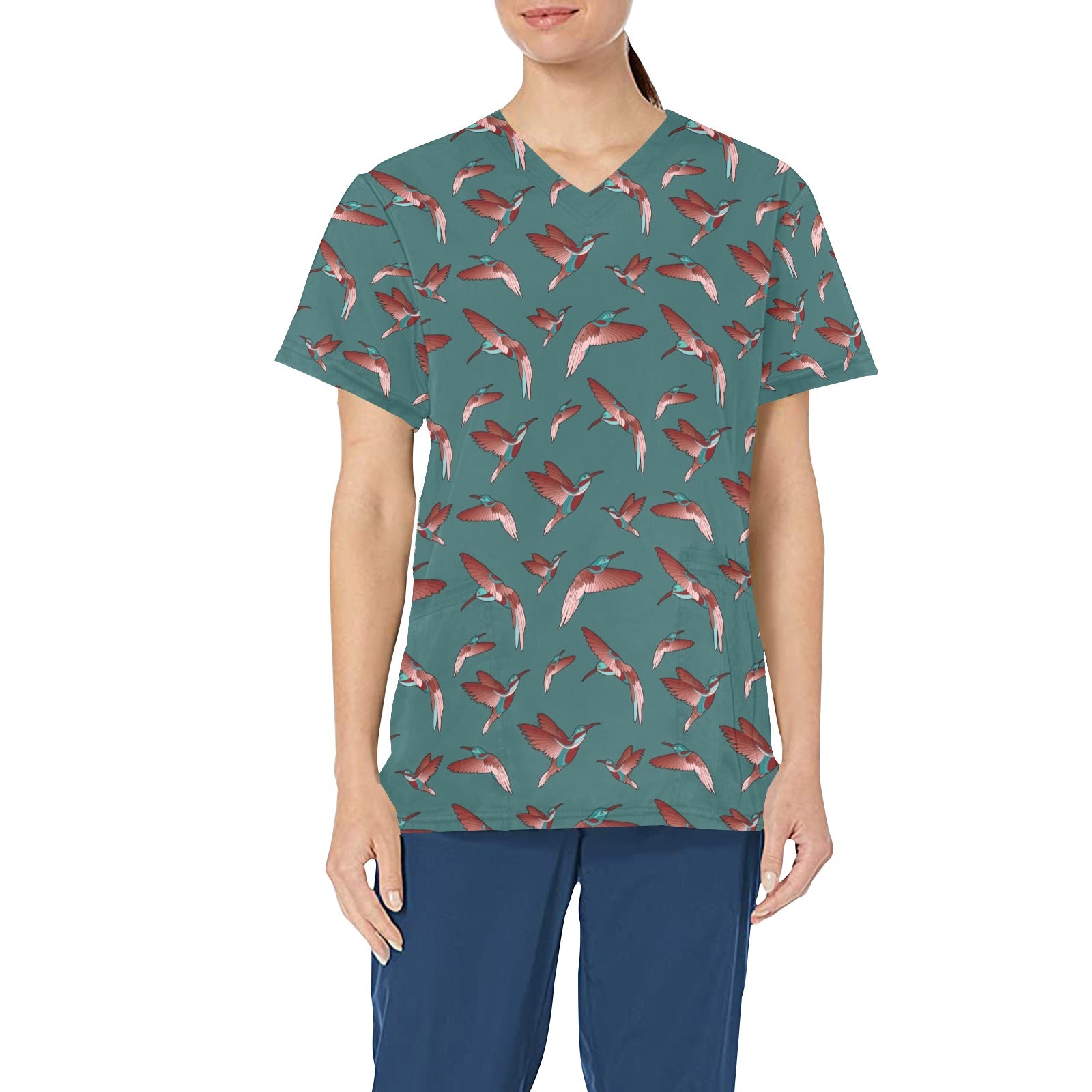 Red Swift Turquoise All Over Print Scrub Top Scrub Top e-joyer