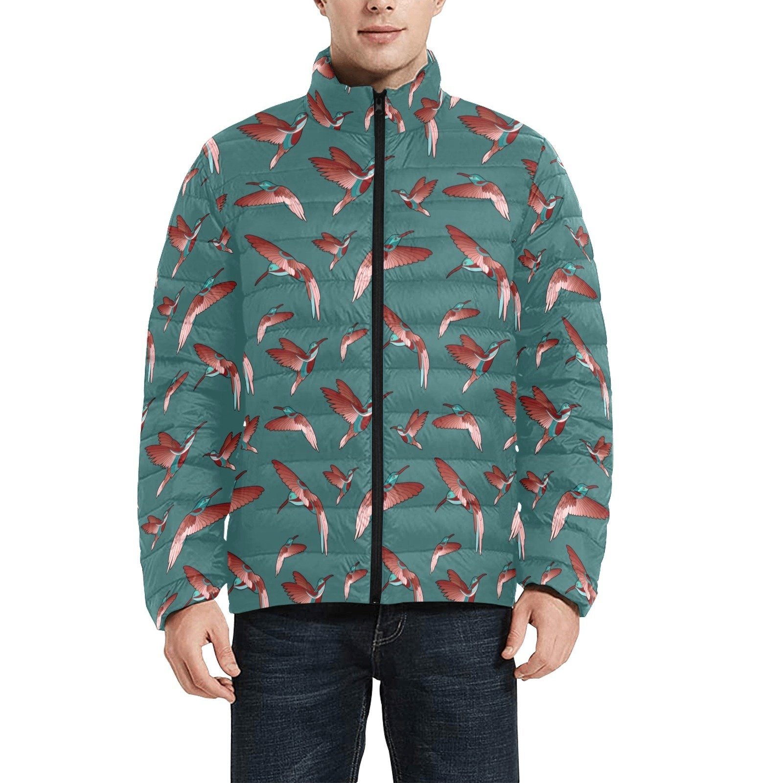 Red Swift Turquoise Men's Stand Collar Padded Jacket (Model H41) Men's Stand Collar Padded Jacket (H41) e-joyer