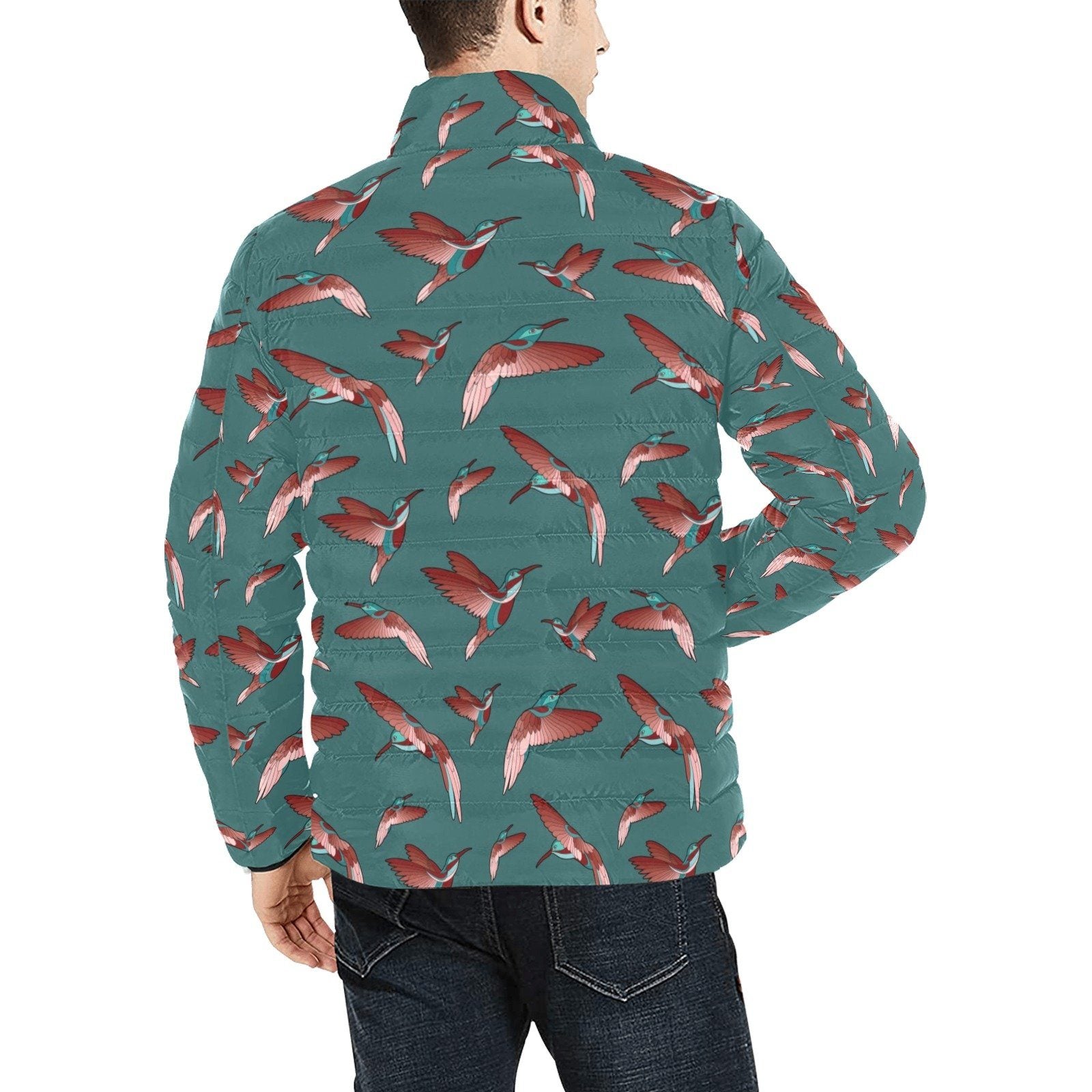 Red Swift Turquoise Men's Stand Collar Padded Jacket (Model H41) Men's Stand Collar Padded Jacket (H41) e-joyer