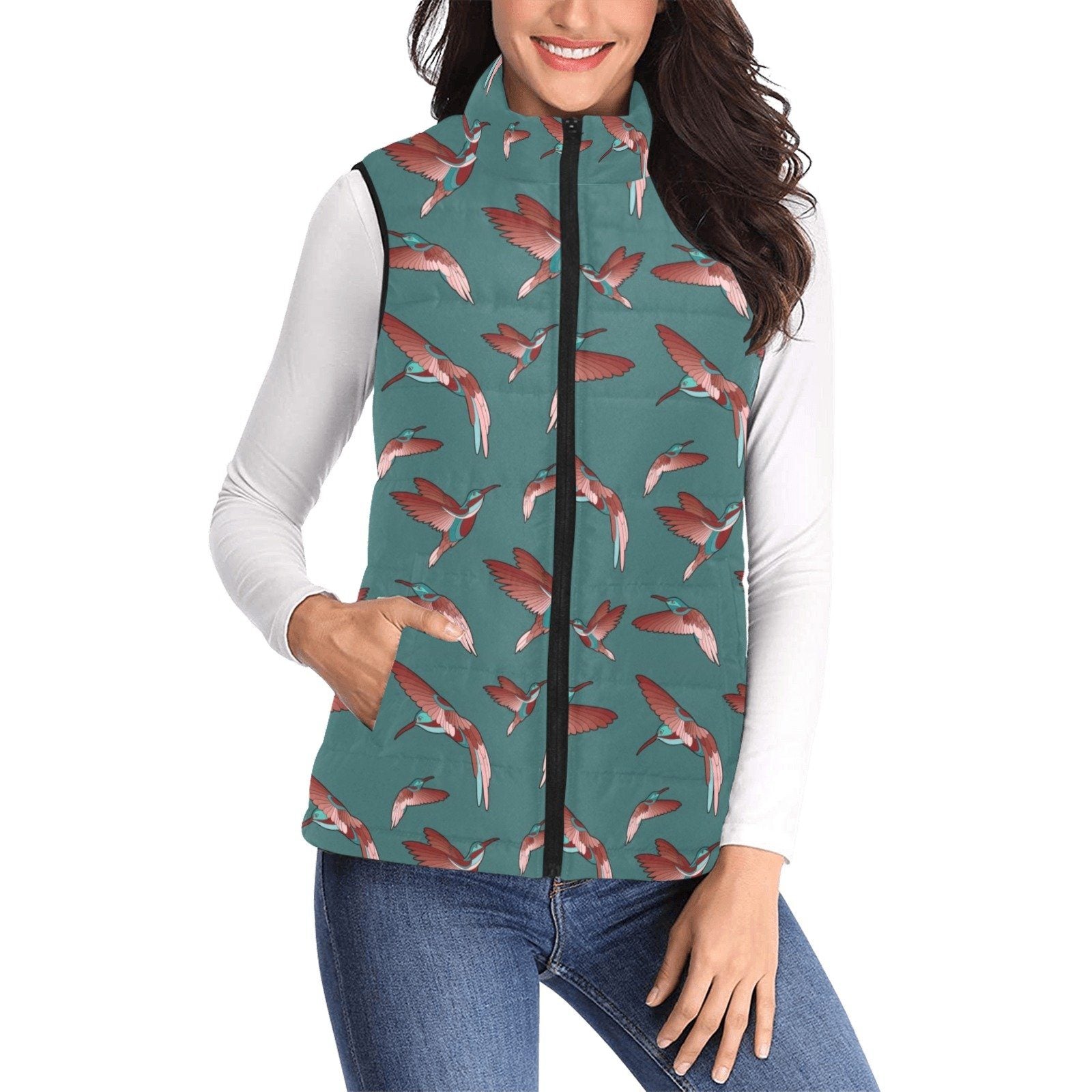 Red Swift Turquoise Women's Padded Vest Jacket (Model H44) Women's Padded Vest Jacket (H44) e-joyer