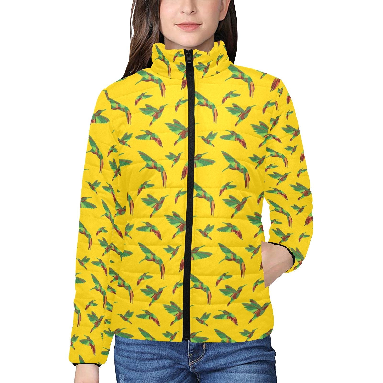 Red Swift Yellow Women's Stand Collar Padded Jacket (Model H41) jacket e-joyer