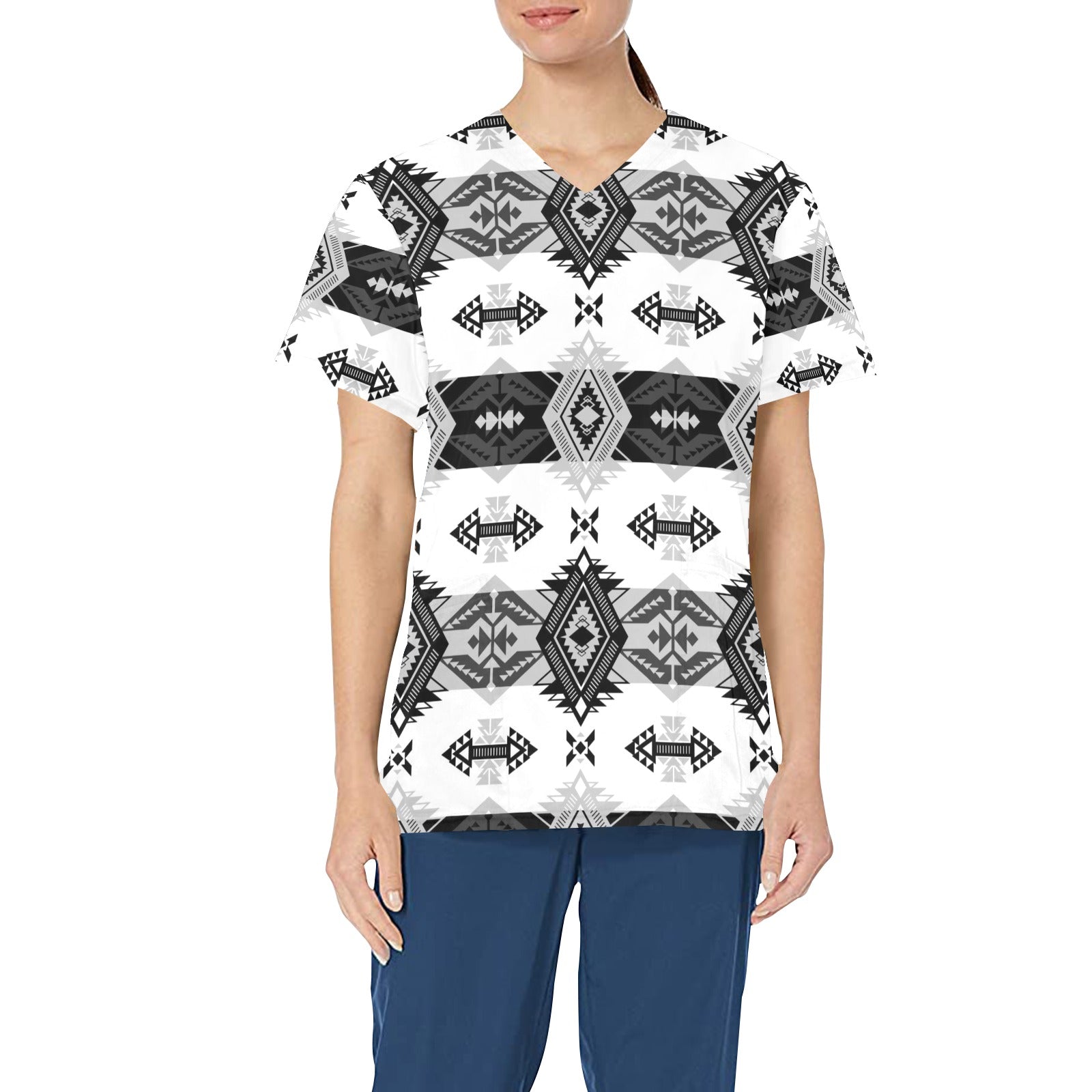 Sovereign Nation Black and White All Over Print Scrub Top Scrub Top e-joyer