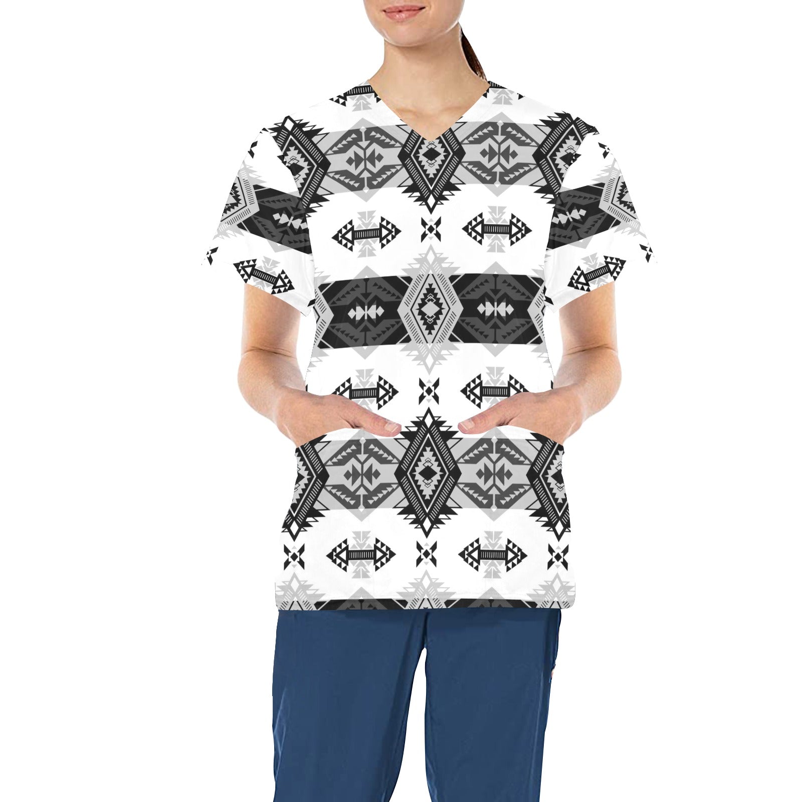 Sovereign Nation Black and White All Over Print Scrub Top Scrub Top e-joyer