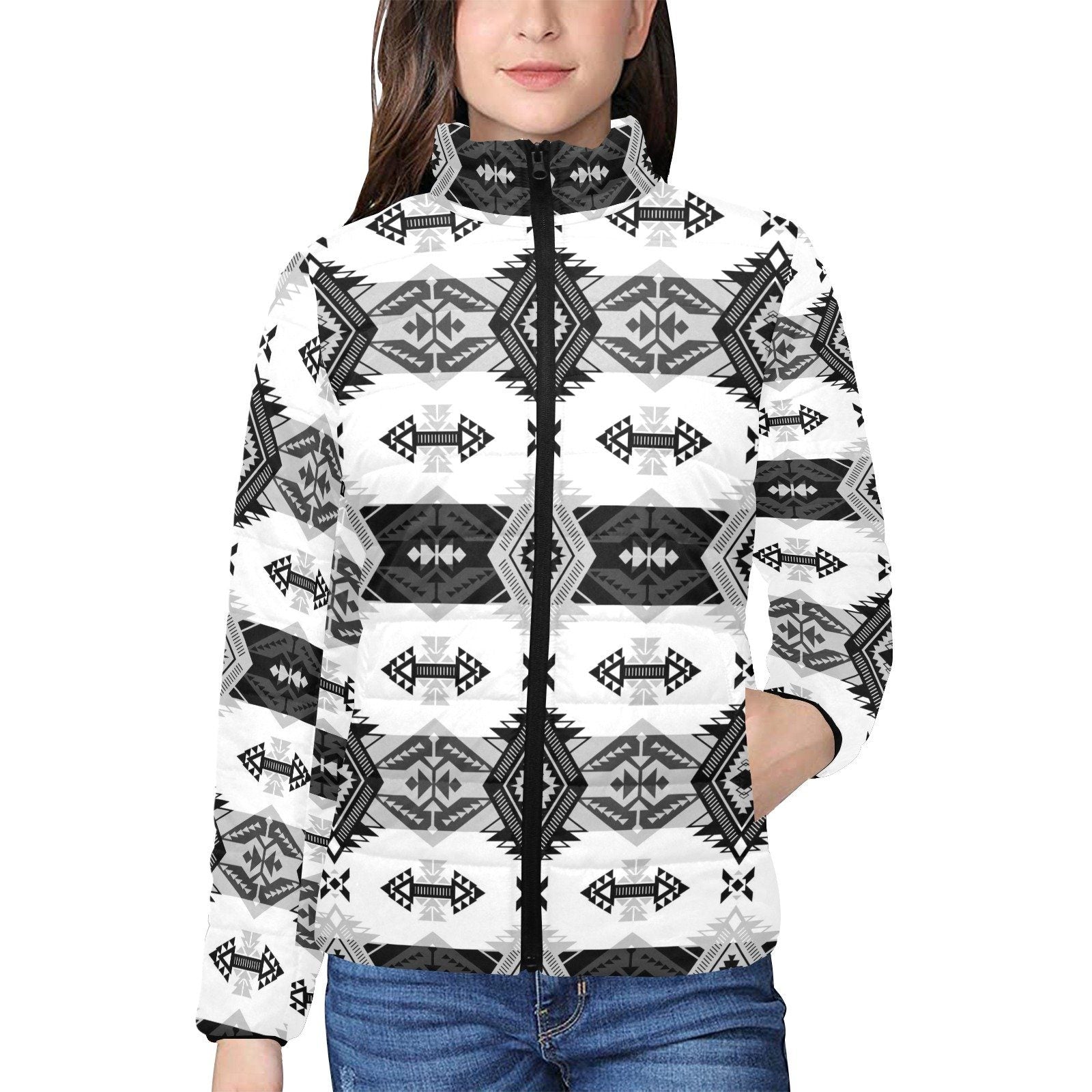 Sovereign Nation Black and White Women's Stand Collar Padded Jacket (Model H41) jacket e-joyer
